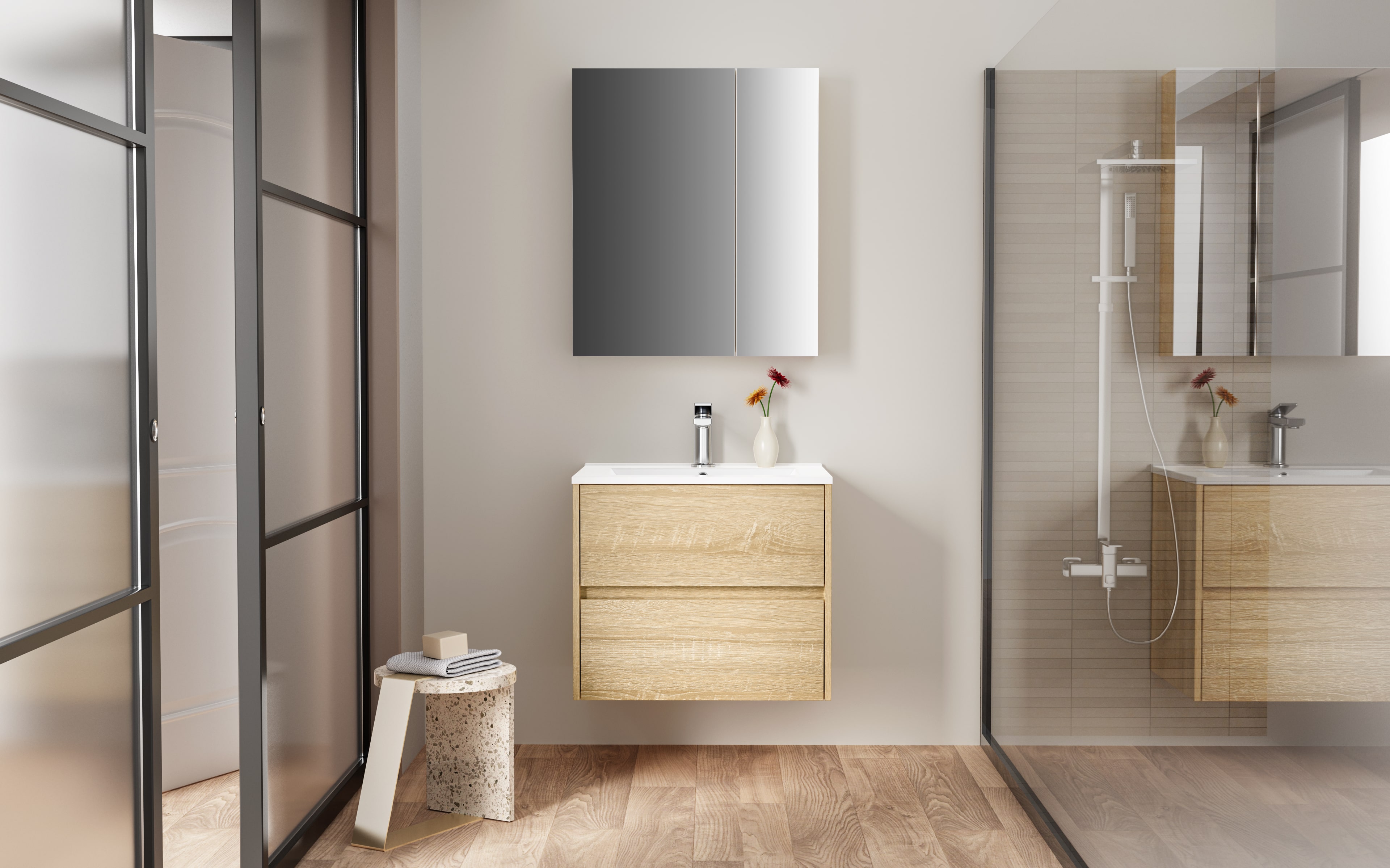 HAYAT MIRROR CABINET – 2 ASYMMETRICAL, SINGLE-SIDED MIRROR DOORS – 4 HEIGHT-ADJUSTABLE SHELVES – 60X70X15 CM – OAK