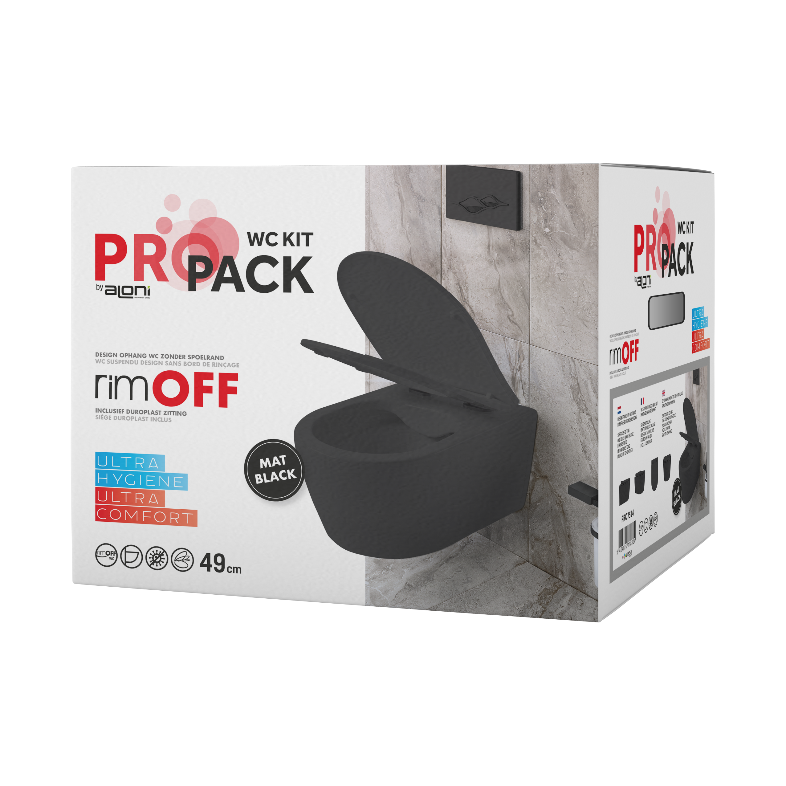 ALONI PRO HANGTOILET - RANDLOOS - MET ZITTING - DUROPLAST - SOFT CLOSE - QUICK RELEASE - COMPACT 49 CM - 36X25X49 CM - MAT ZWART