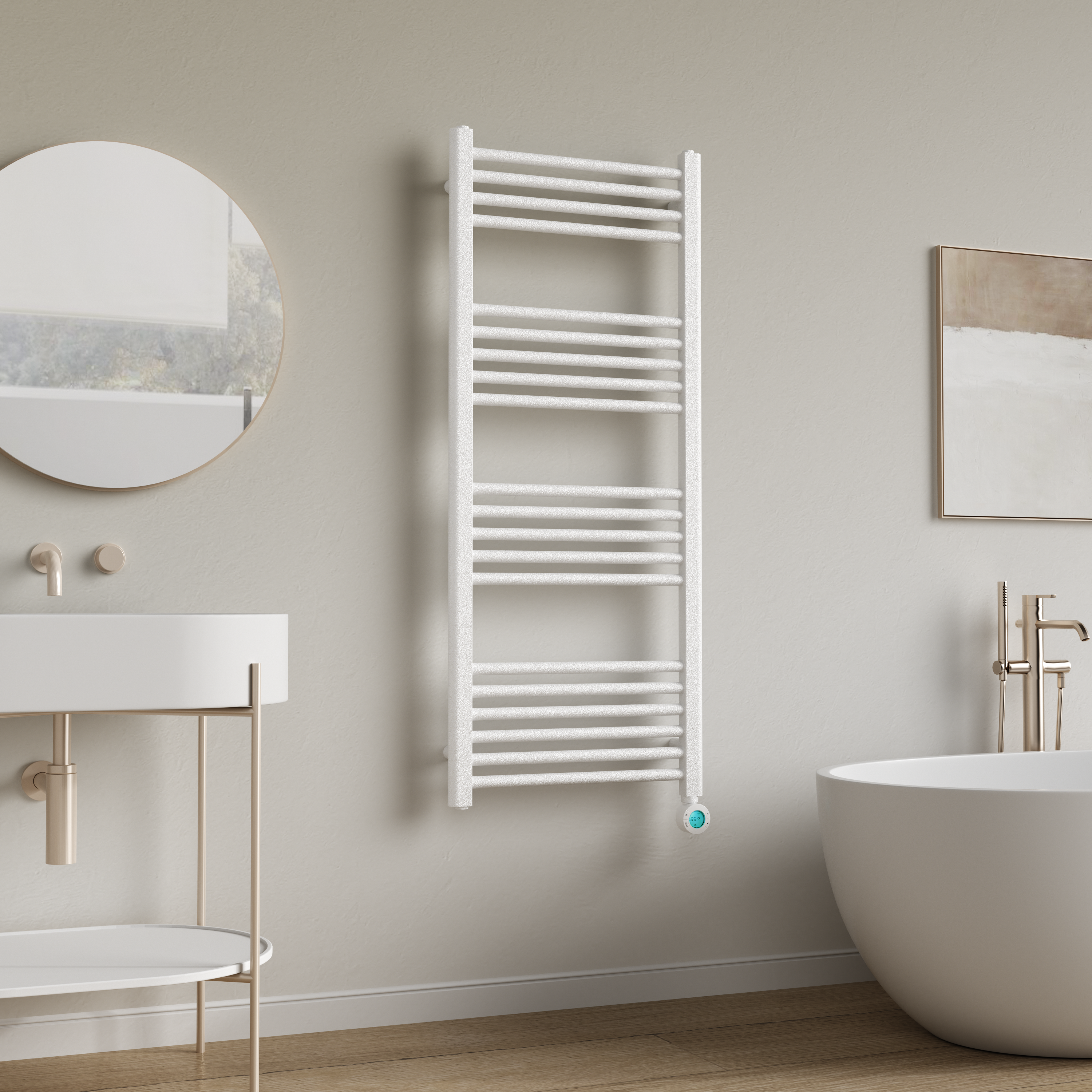 BELRAD ELEKTRISCHE HANDDOEKDROGER - MET DIGITALE, PROGRAMEERBARE THERMOSTAAT - SMART WIFI - AANSLUITING RECHTS - 700W - 1200X500 MM - MAT WIT
