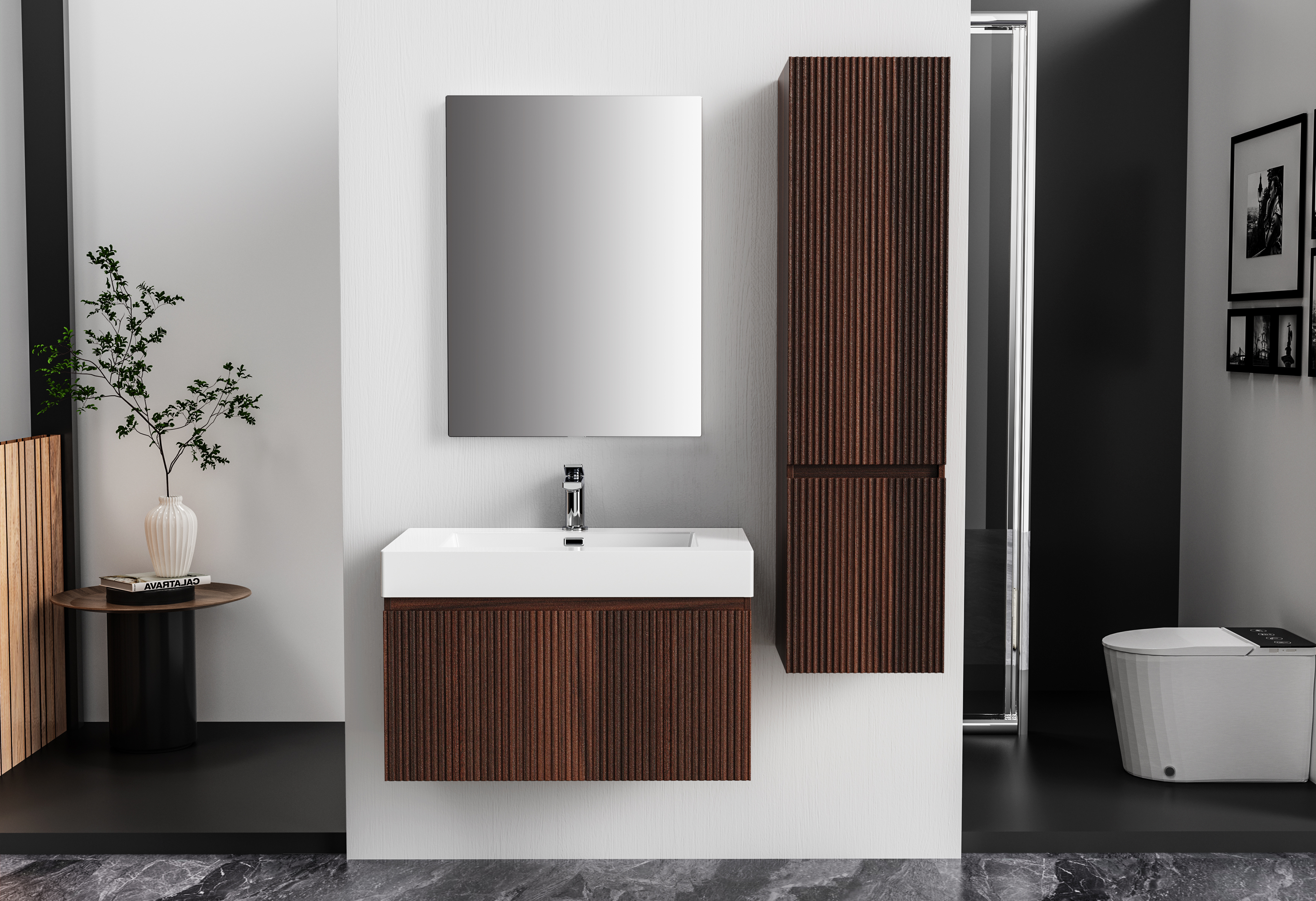 ALONI ELA COLONNE - 2 PORTES - SANS POIGNEE - SOFT CLOSE - REVERSIBLE - 35X135X35 CM - WENGE