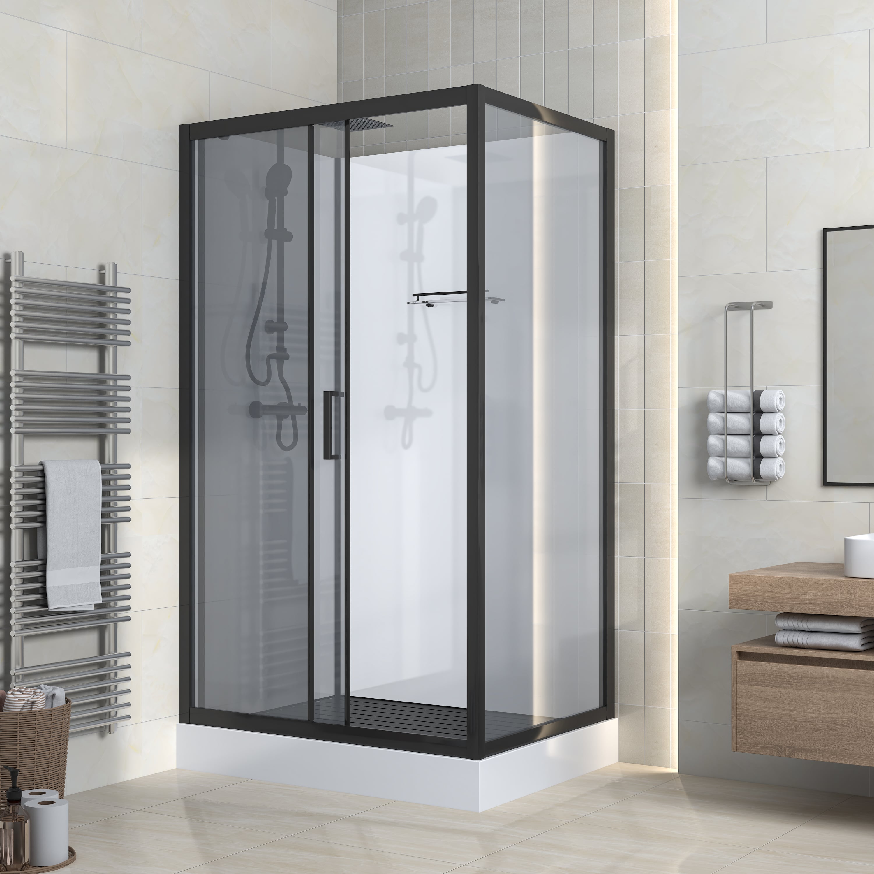 MARANI COMPLETE DOUCHECABINE MET SCHUIFDEUR - OMKEERBAAR - 110X225X80 CM - MAT ZWART - GRIJS ROOKGLAS