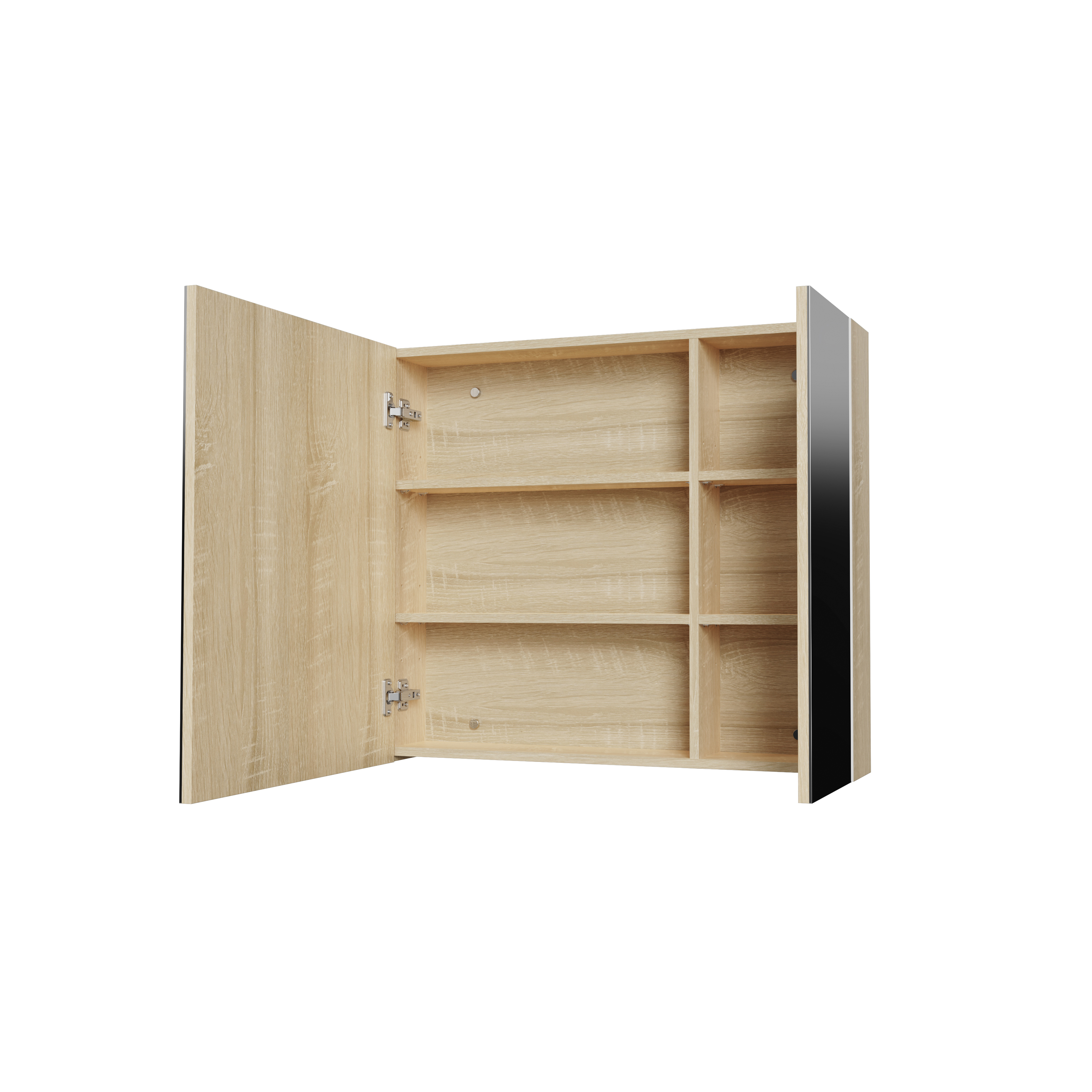 HAYAT MIRROR CABINET – 2 ASYMMETRICAL, SINGLE-SIDED MIRROR DOORS – 4 HEIGHT-ADJUSTABLE SHELVES – 80X70X15 CM – OAK