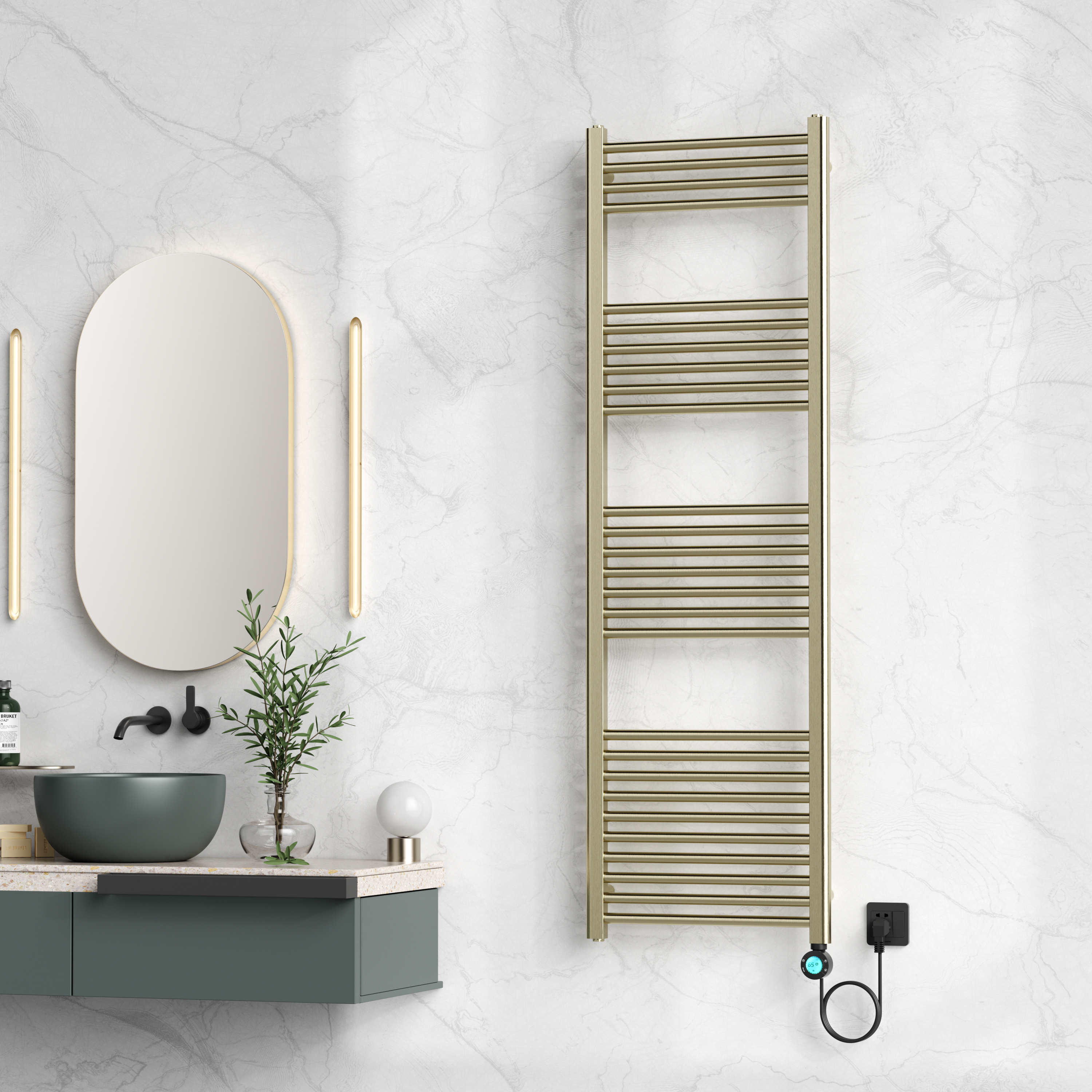 BELRAD SÈCHE-SERVIETTES ÉLECTRIQUE – AVEC THERMOSTAT NUMÉRIQUE PROGRAMMABLE – SMART WIFI - RACCORD À DROITE – 900W – 1600X500 MM – OR BROSSÉ