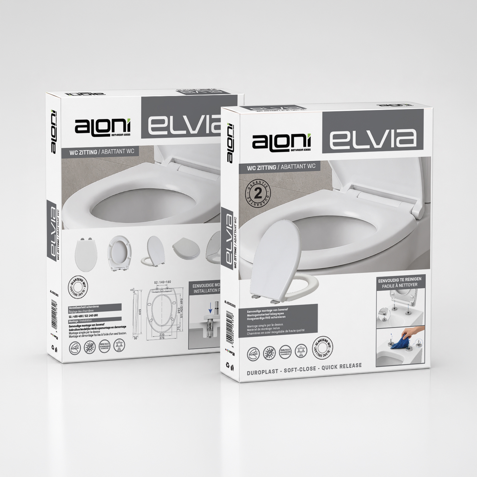 ALONI ECO ELVIA ABATTANT WC - SOFT CLOSE - QUICK RELEASE - DUROPLAST - TOPFIX - CHARNIÈRES EN INOX - BLANC BRILLANT