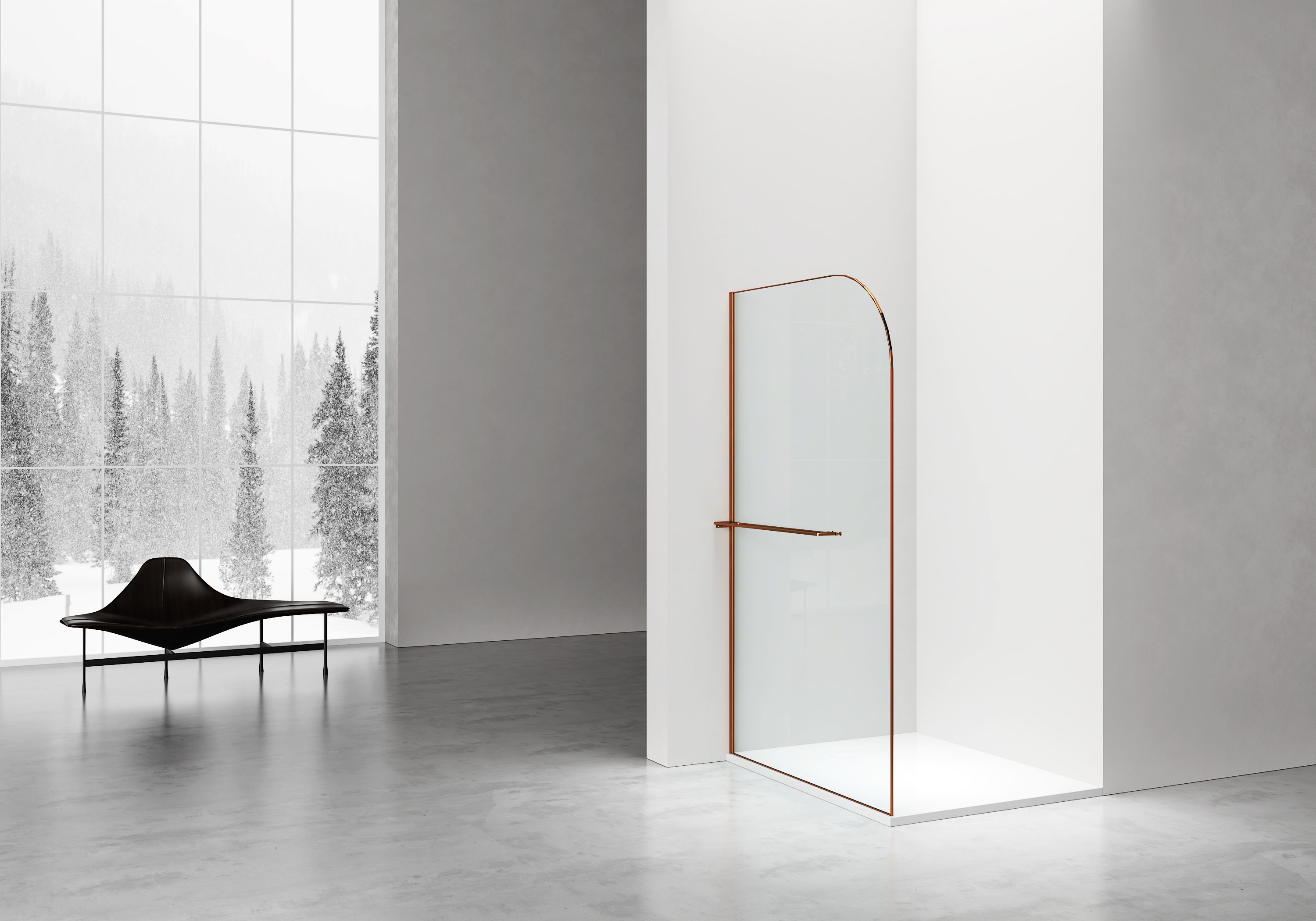 CURVY INLOOPDOUCHE MET HANDDOEKHOUDER - GEBOGEN - MET ANTI-KALKBEHANDELING - OMKEERBAAR - 8MM VEILIGHEIDSGLAS - 120X200CM - GEBORSTELD KOPER - GEBOGEN - HELDER GLAS