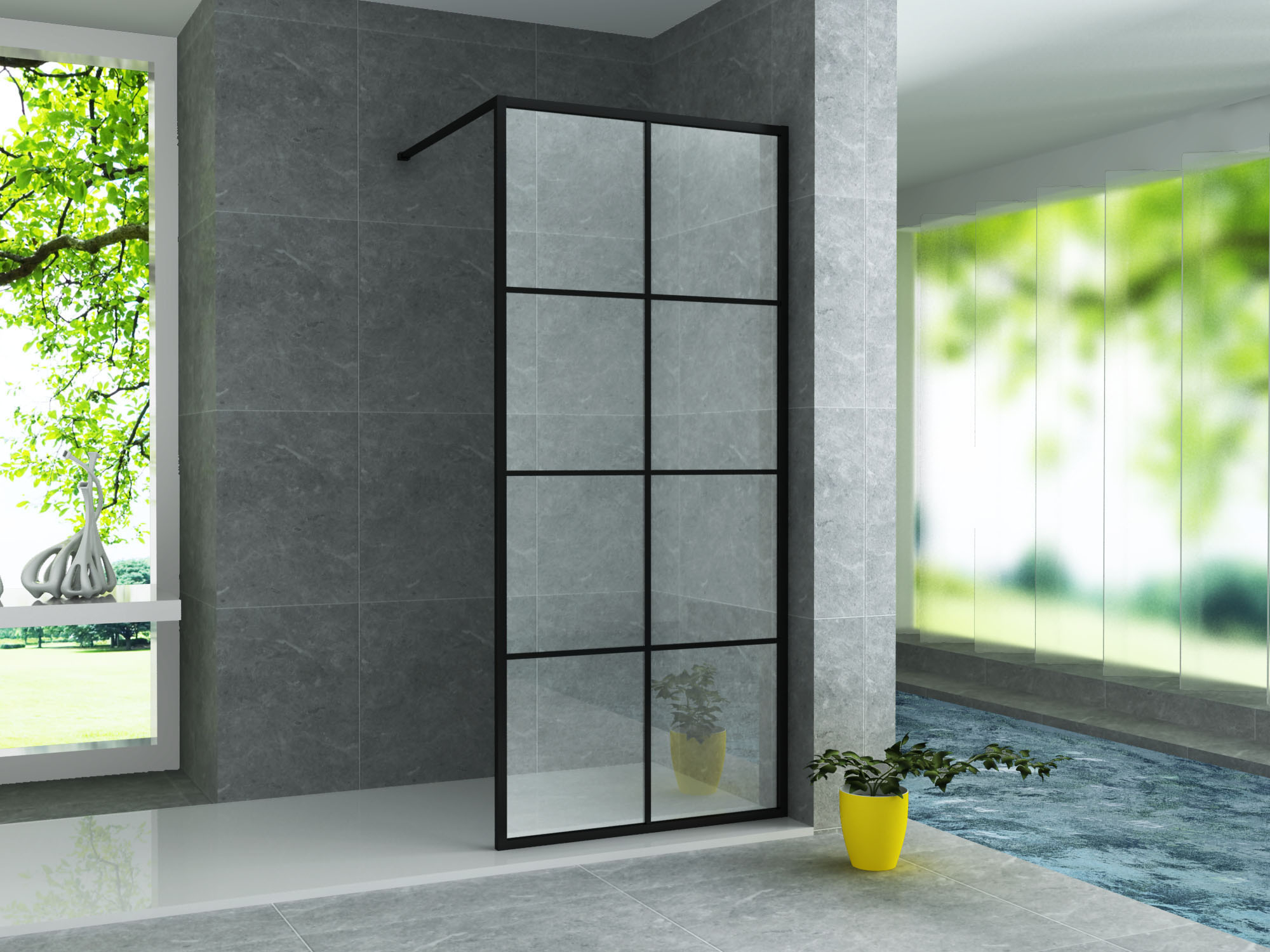 ALONI INLOOPDOUCHE MET RASTER DECOR - 800 X 2000MM - MAT ZWART - HELDER GLAS