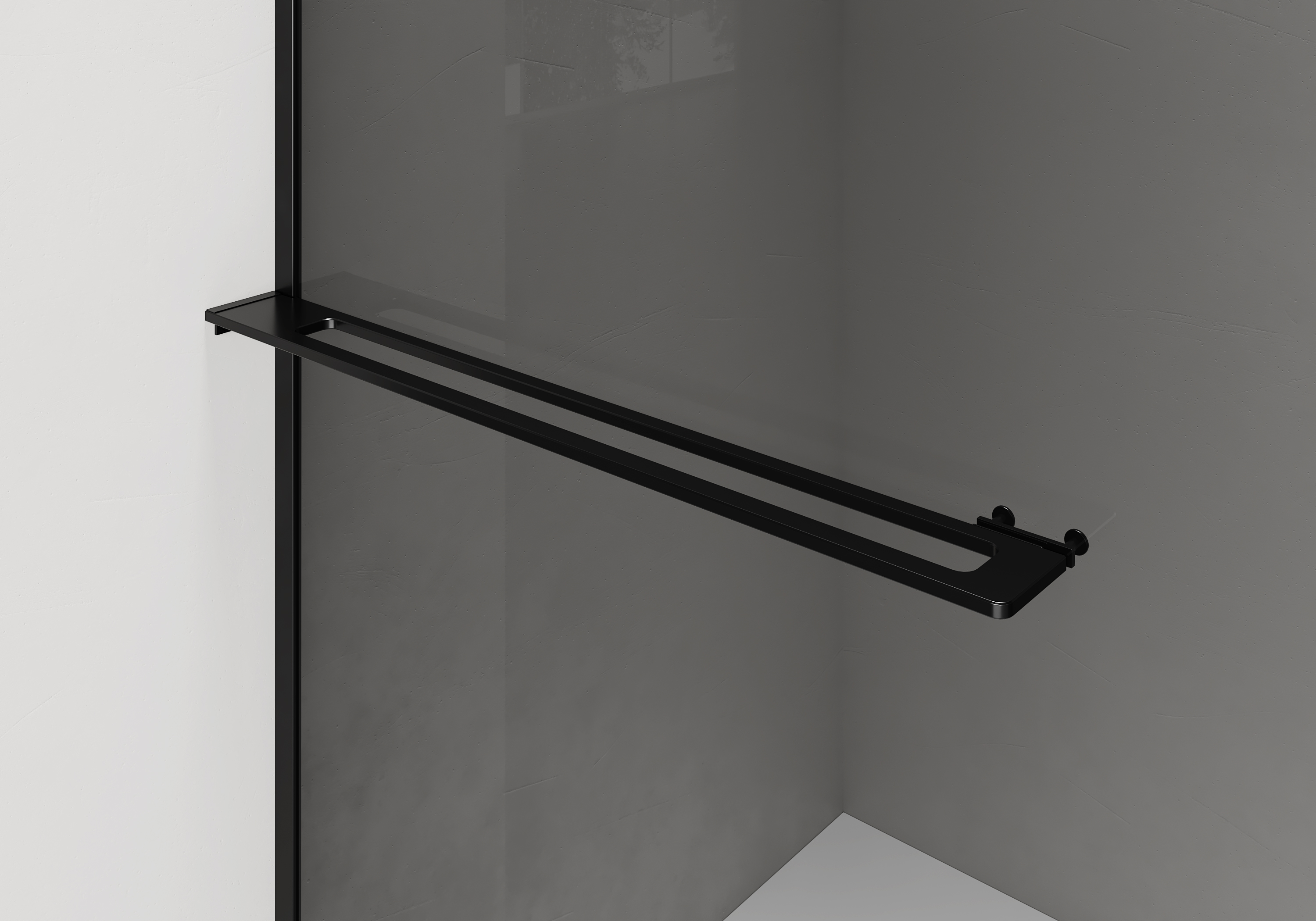 CURVY INLOOPDOUCHE MET HANDDOEKHOUDER - GEBOGEN - MET ANTI-KALKBEHANDELING - OMKEERBAAR - 8MM VEILIGHEIDSGLAS - 120X200CM - MAT ZWART - GRIJS ROOKGLAS