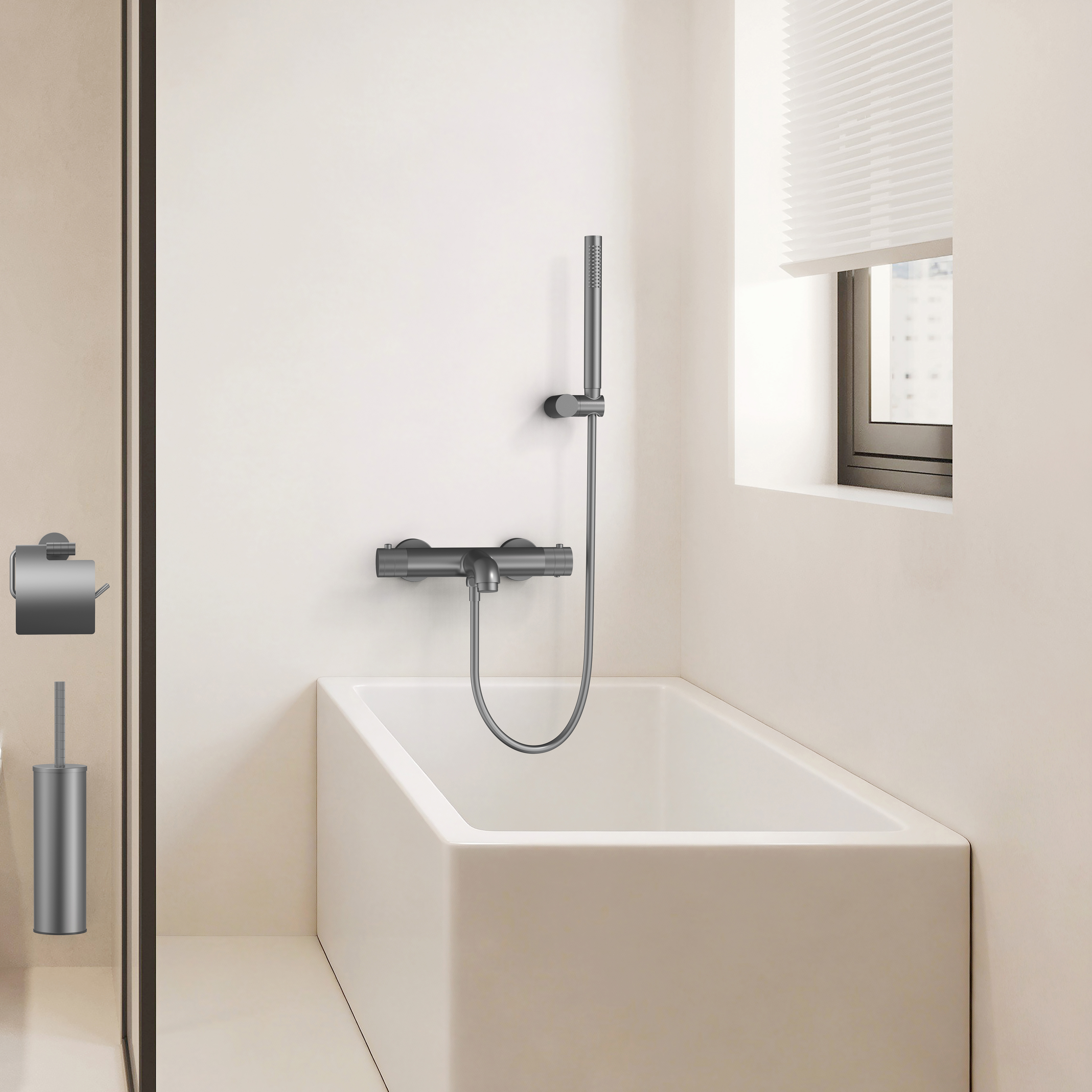 STRIA BADMENGKRAAN - THERMOSTATISCH - OPBOUW - KNOPPEN MET RIBBELSTRUCTUUR - BELGAQUA - GUNMETAL (PVD)