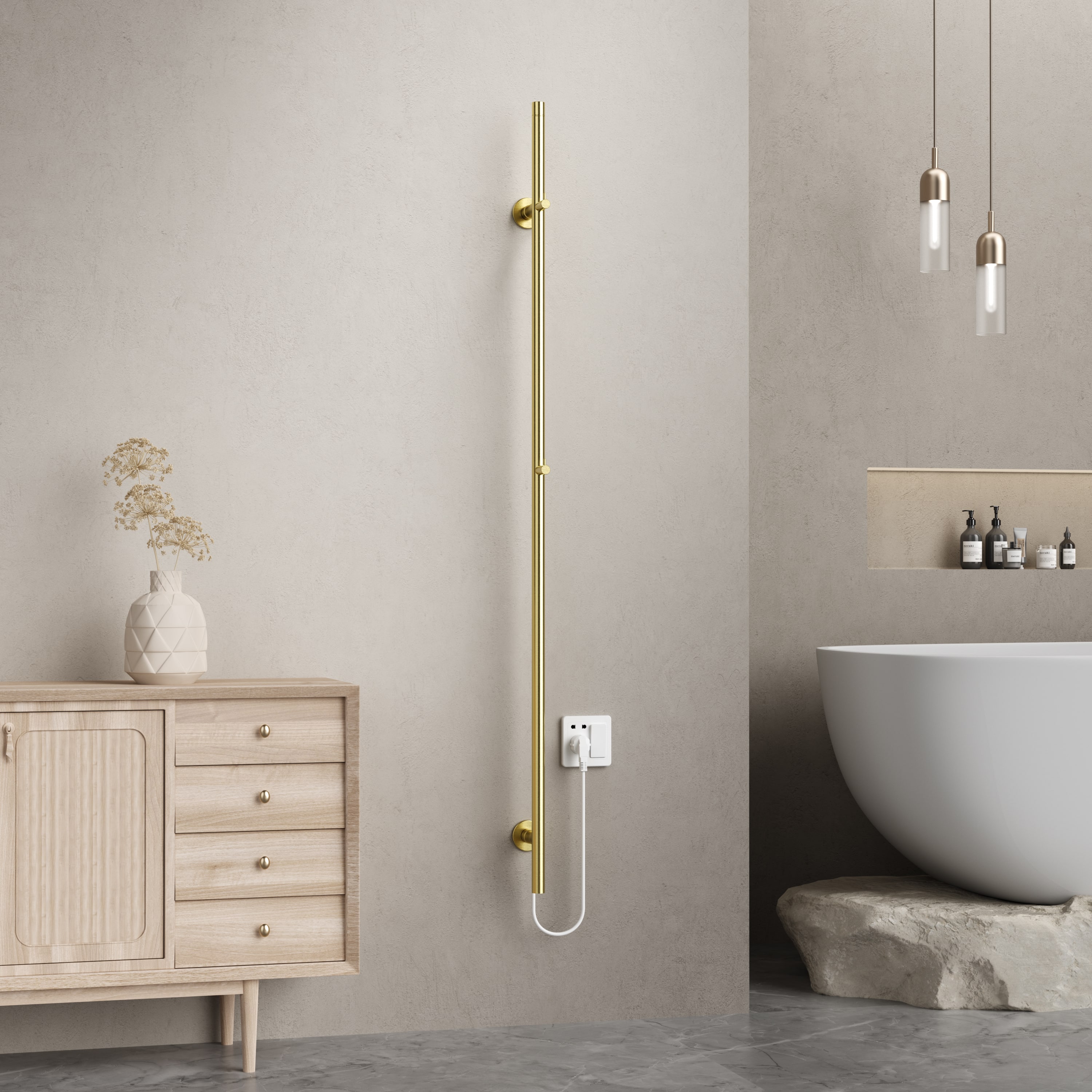 BELRAD ROD SÈCHE-SERVIETTES À TIGE - ÉLECTRIQUE - SIMPLE - 60W - Ø2,5CM - 150X6,3X12,7 CM - OR BROSSÉ