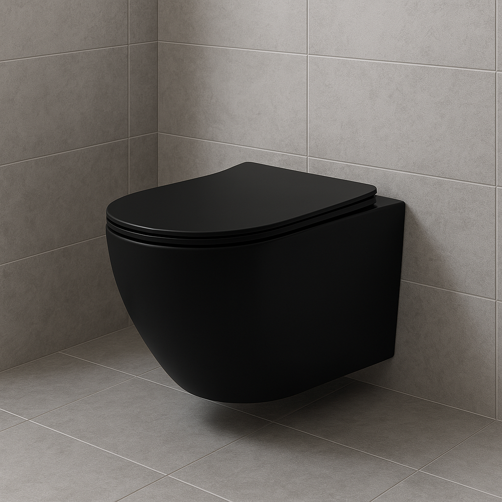ALONI PRO WALL-HUNG TOILET – 360° FLUSH – RIMLESS – WITH SEAT – DUROPLAST – SOFT CLOSE – QUICK RELEASE – COMPACT 49 CM – 36X32X49 CM – MATT BLACK