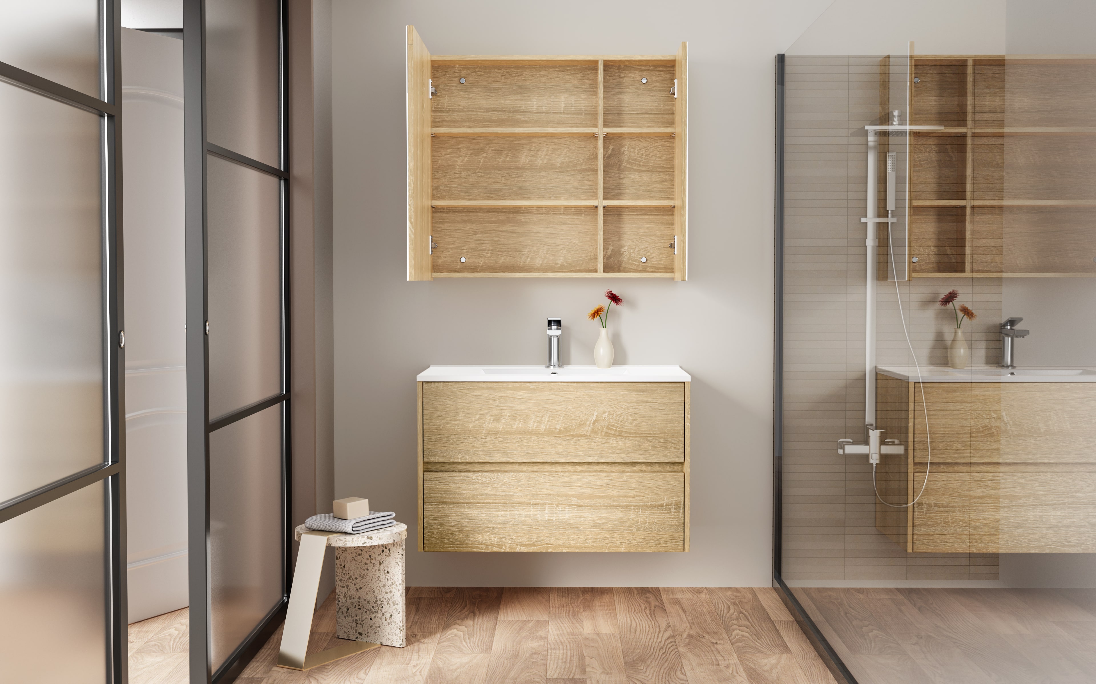 ALONI HAYAT VANITY UNIT - 2 DRAWERS - HANDLELESS - SOFT CLOSE – 79,5X50X45 CM - OAK