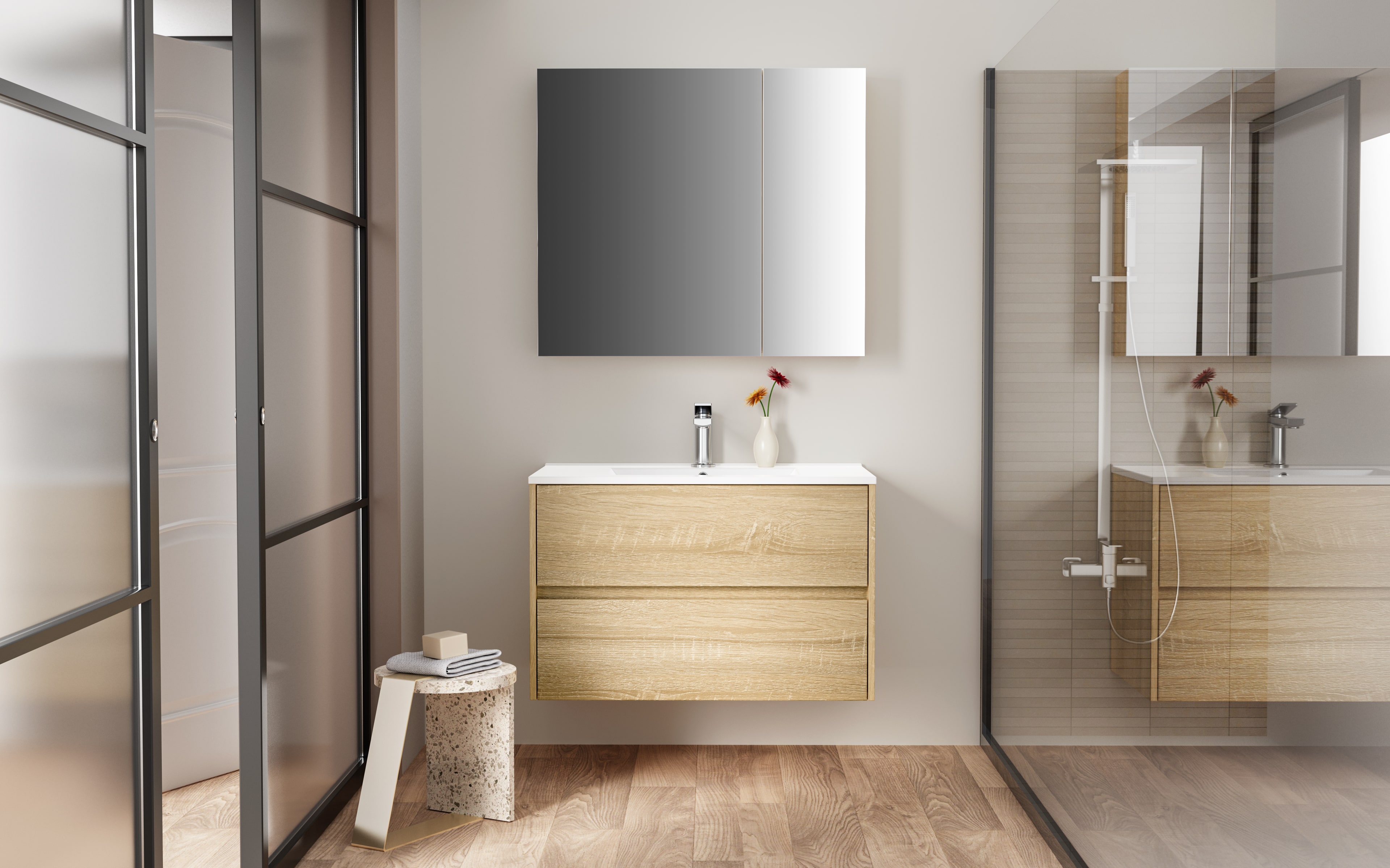 ALONI HAYAT VANITY UNIT - 2 DRAWERS - HANDLELESS - SOFT CLOSE – 79,5X50X45 CM - OAK