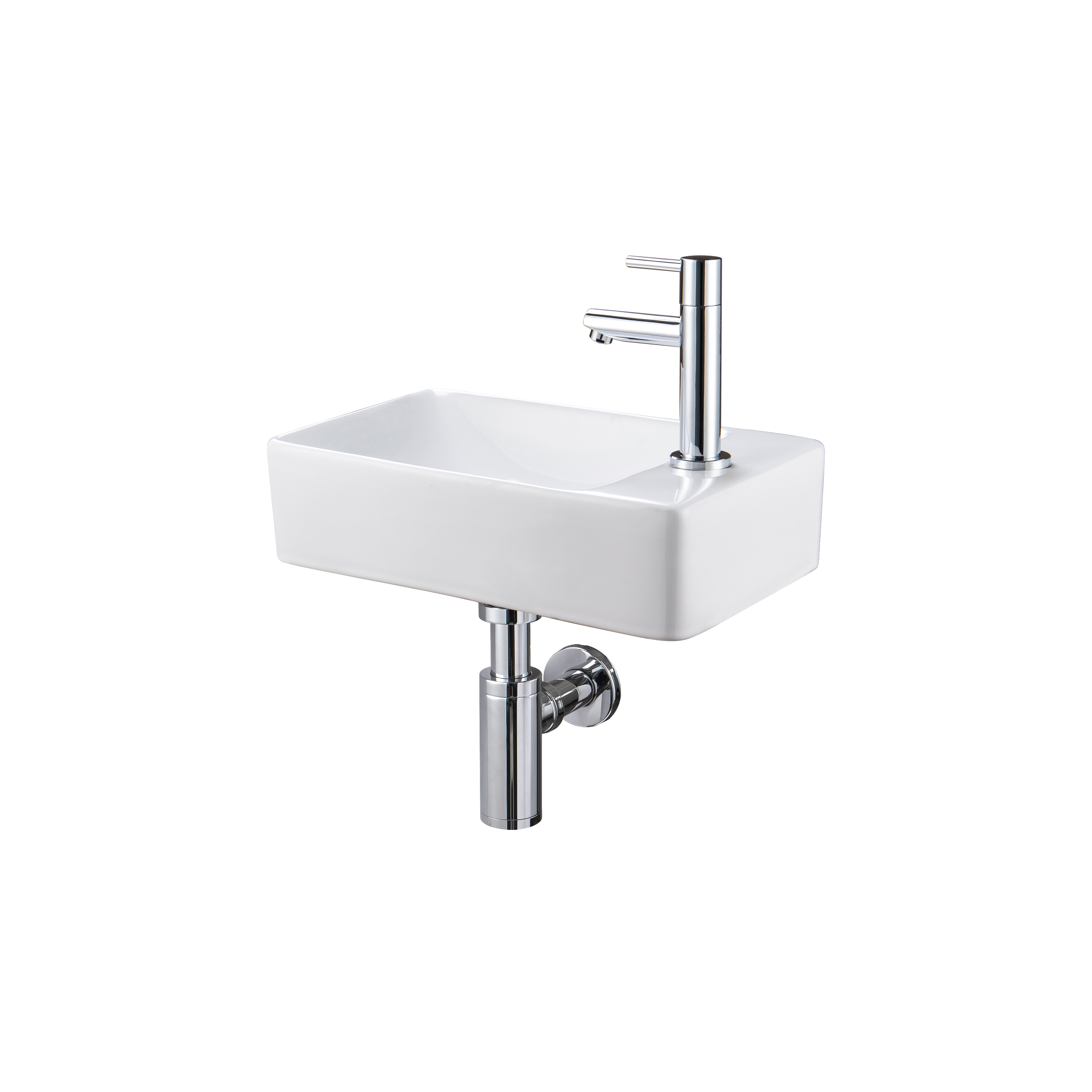 ALONI ESSI COMPLETE HANDWASH BASIN SET – TOILET BASIN RIGHT, TAP, WASTE PLUG AND SIPHON – GLOSSY WHITE - CHROME