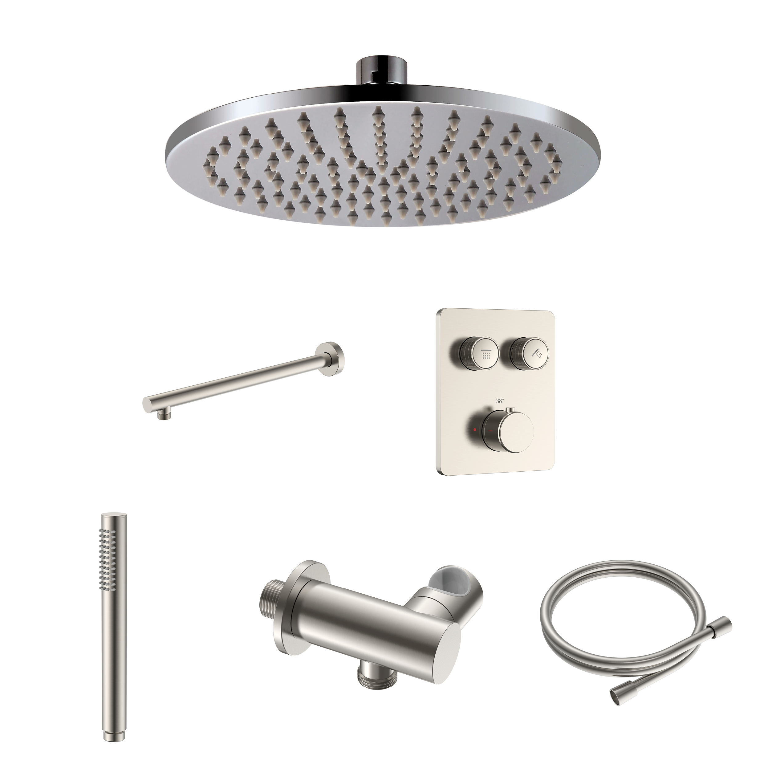 STRIA REGENDOUCHESET - INBOUW - 2 WEG - THERMOSTATISCH - MET DRUKKNOPPEN - COMPLEET - GEBORSTELD RVS