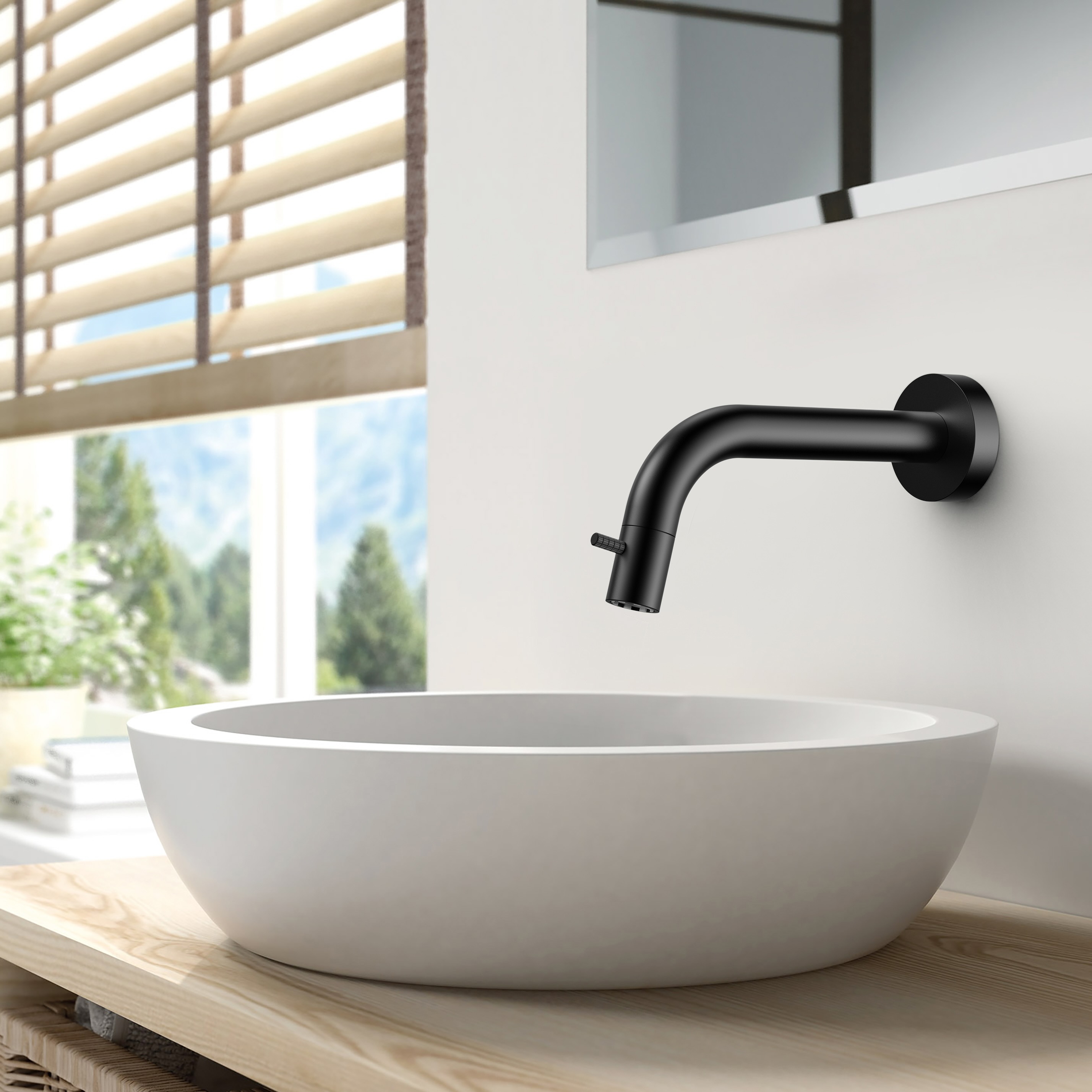 STRIA WALL-MOUNTED COLD WATER TAP – CUTTABLE SPOUT – REFINED RIBBED HANDLE – WITHOUT WASTE – MATT BLACK (PVD)