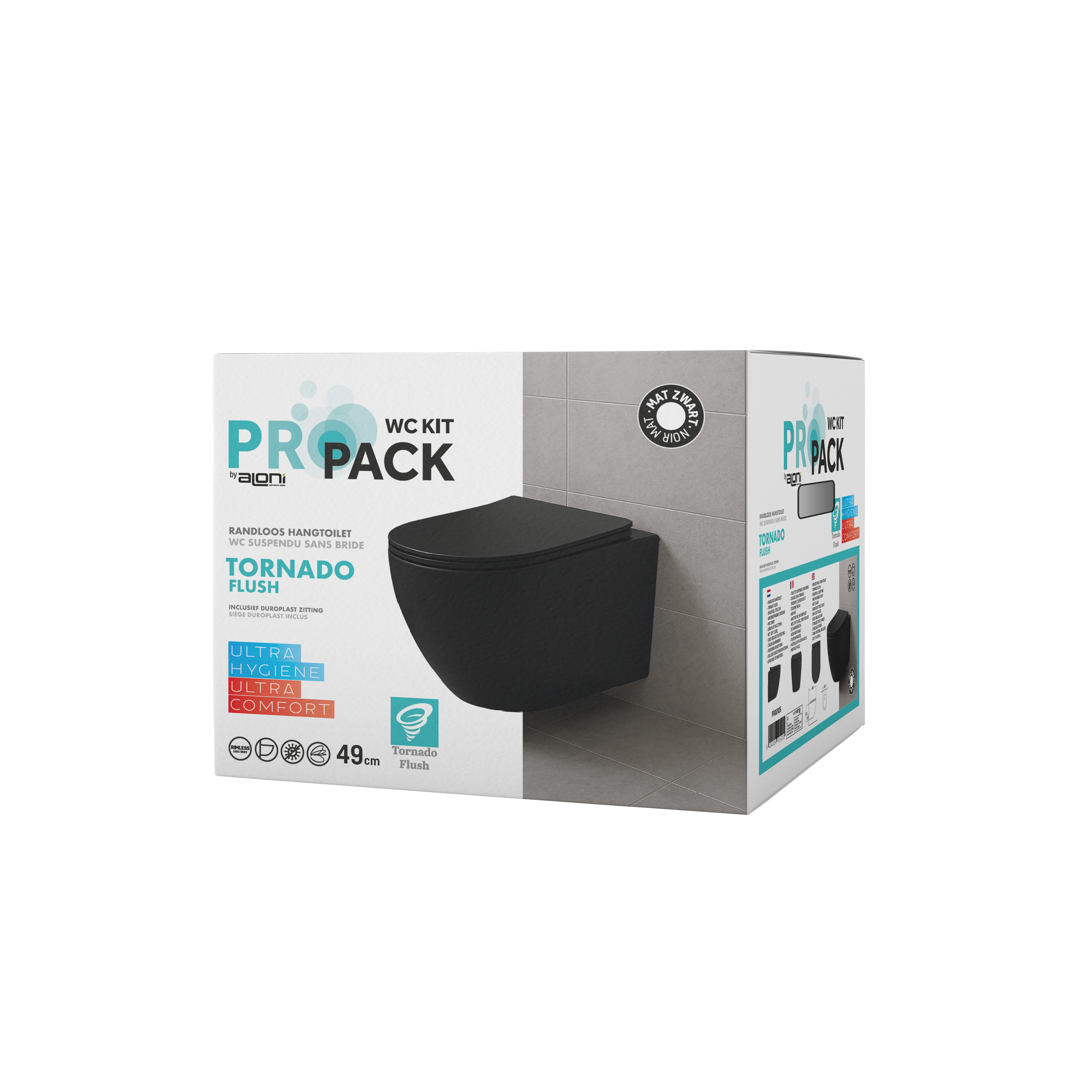 ALONI PRO WALL-HUNG TOILET – 360° FLUSH – RIMLESS – WITH SEAT – DUROPLAST – SOFT CLOSE – QUICK RELEASE – COMPACT 49 CM – 36X32X49 CM – MATT BLACK