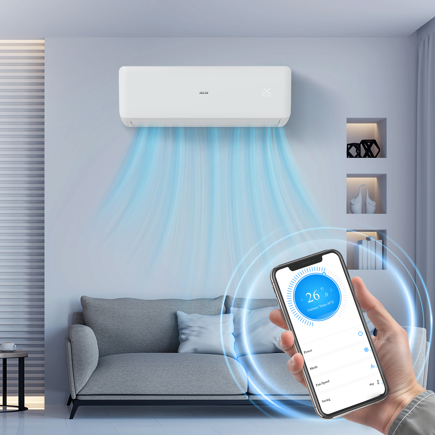 AUX SINGLE SPLIT CLIMATISEUR - UNITÉ EXTÉRIEURE ET INTÉRIEURE - PACK COMPLET - REFROIDISSEMENT ET CHAUFFAGE - WIFI - 12000 BTU - 3,5KW - R32 - BLANC MAT