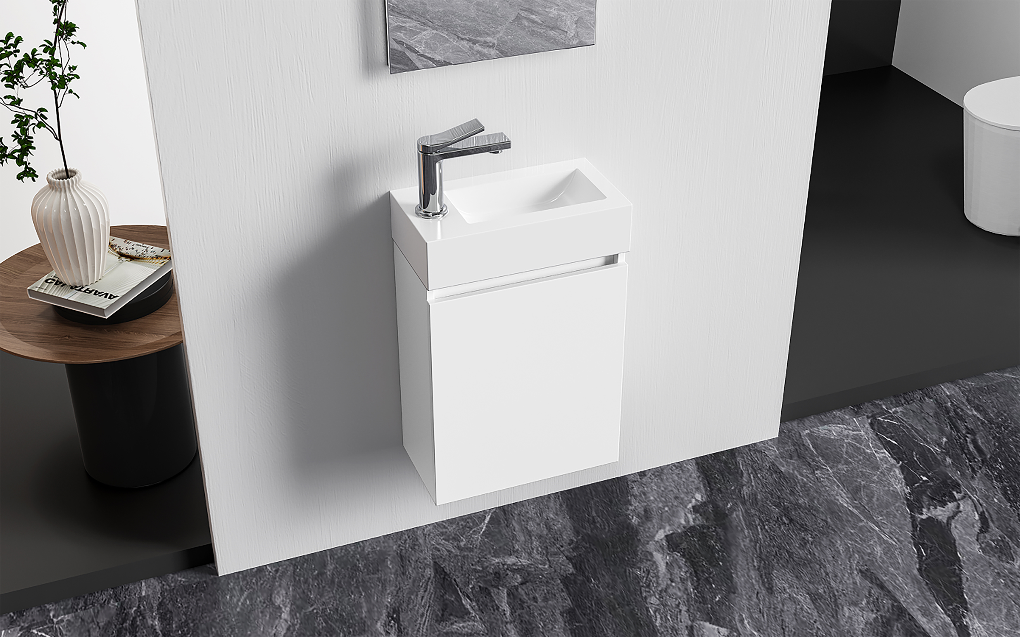 ALONI ZYRO TOILET FURNITURE SET - COMPLETE - CABINET WITH 1 DOOR - HANDLELESS - SOFT CLOSE - REVERSIBLE - MIRROR - TOILET BASIN - 40,5X22,5 CM - GLOSSY WHITE