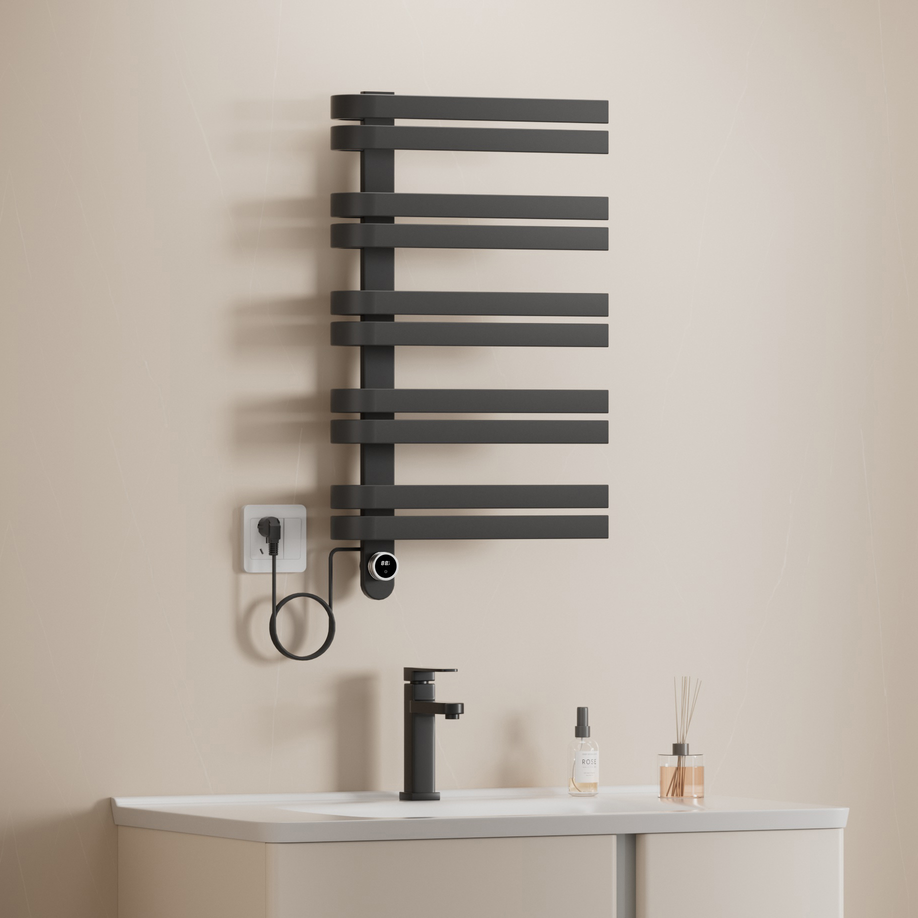 BELRAD ELEKTRISCHE HANDDOEKDROGER - DESIGN - SMART WIFI - AANSLUITING LINKS - 225W - 900X500 MM - MAT ZWART
