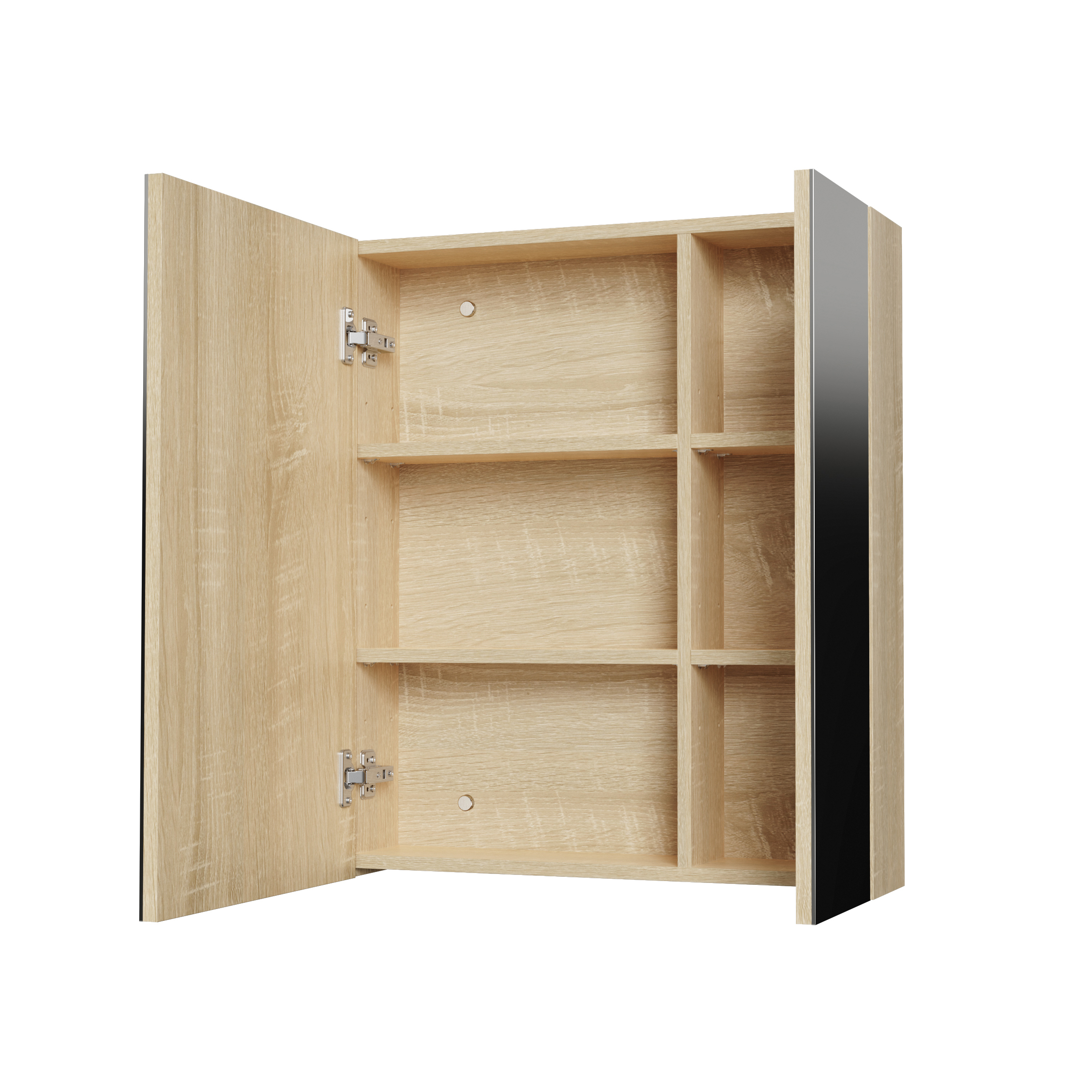 HAYAT MIRROR CABINET – 2 ASYMMETRICAL, SINGLE-SIDED MIRROR DOORS – 4 HEIGHT-ADJUSTABLE SHELVES – 60X70X15 CM – OAK