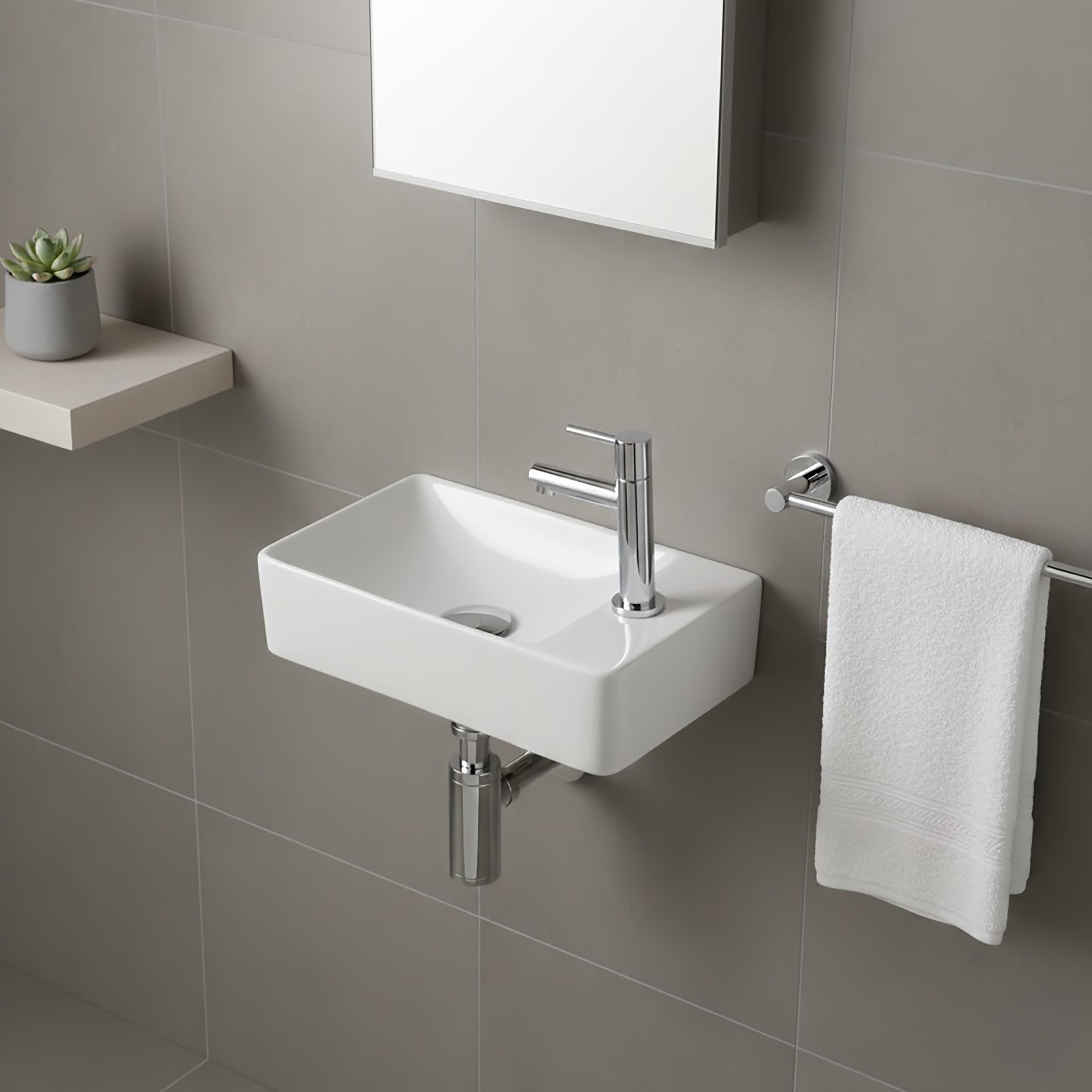 ALONI ESSI COMPLETE HANDWASH BASIN SET – TOILET BASIN RIGHT, TAP, WASTE PLUG AND SIPHON – GLOSSY WHITE - CHROME