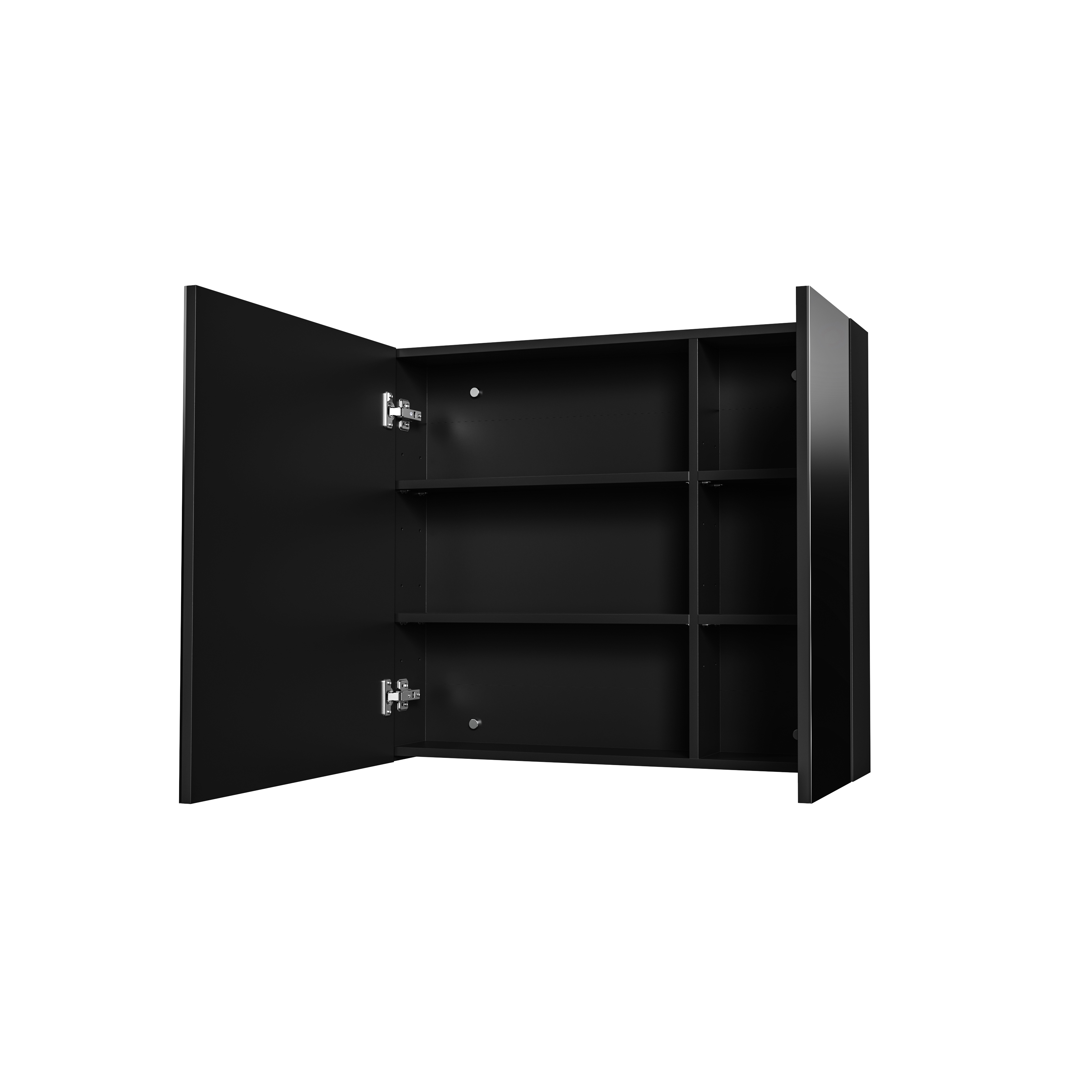 HAYAT MIRROR CABINET – 2 ASYMMETRICAL, SINGLE-SIDED MIRROR DOORS – 4 HEIGHT-ADJUSTABLE SHELVES – 80X70X15 CM – MATT BLACK