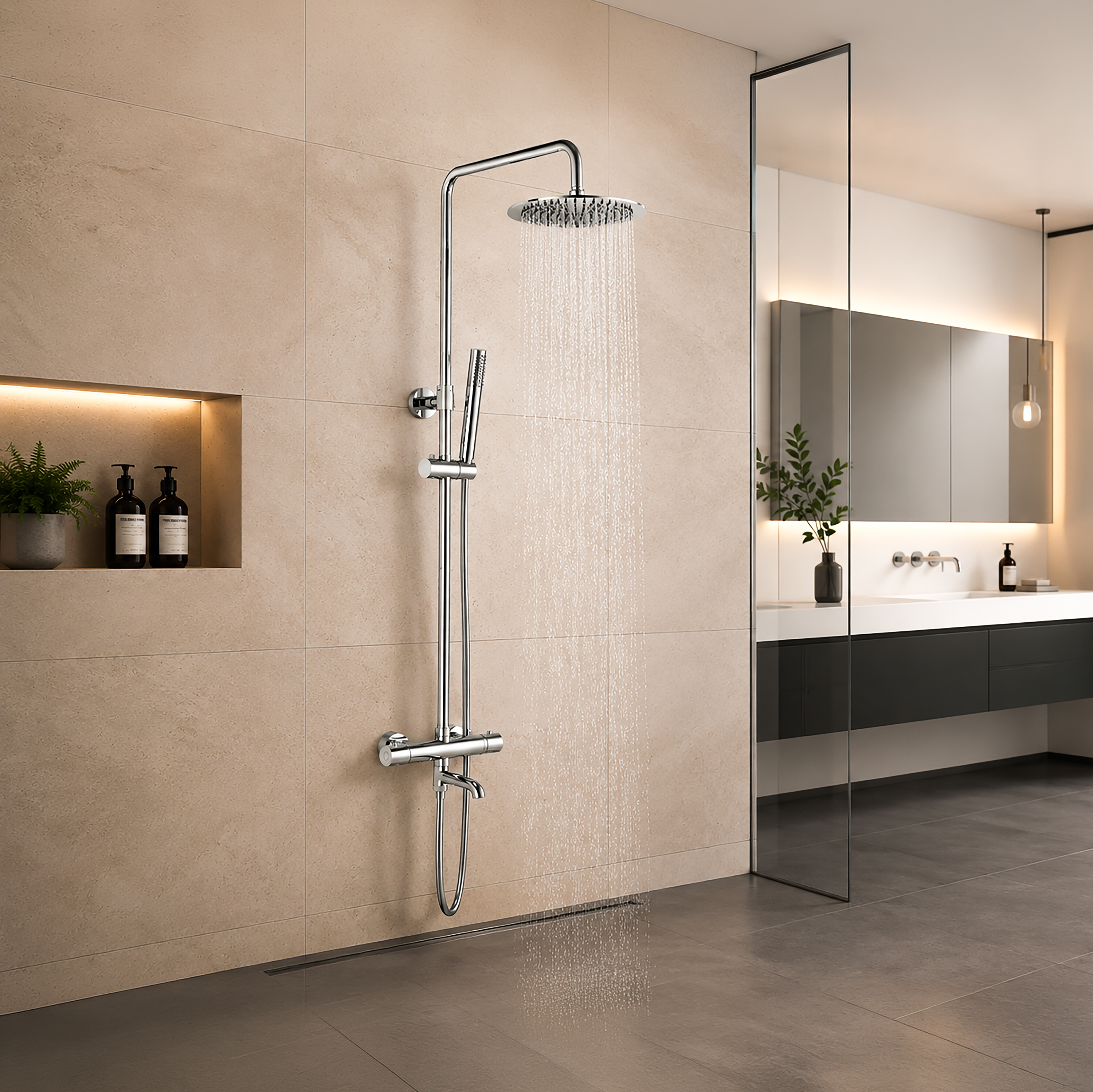ALONI OPTIMA RONDO REGENDOUCHESET MET DRAAIBARE UITLOOP - THERMOSTATISCH - OPBOUW - COOL TOUCH - CHROOM