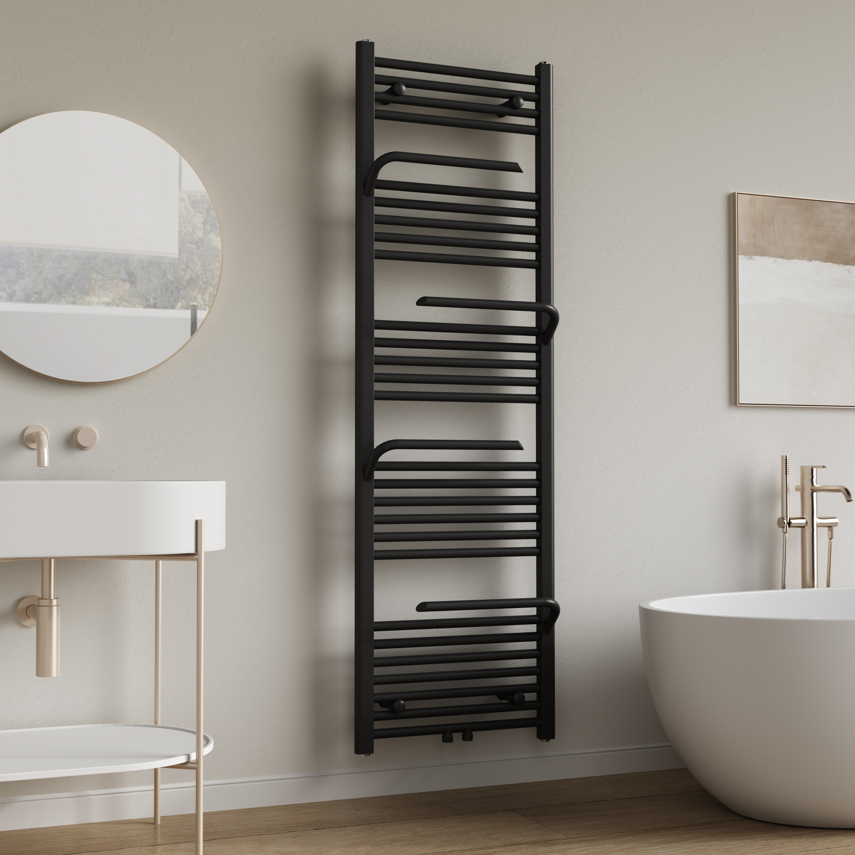 BELRAD TOWEL RADIATOR - WITH TOWEL HOLDER - LEFT-RIGHT/CENTER CONNECTION - 669 WATT - 1600X500CM - MATT BLACK
