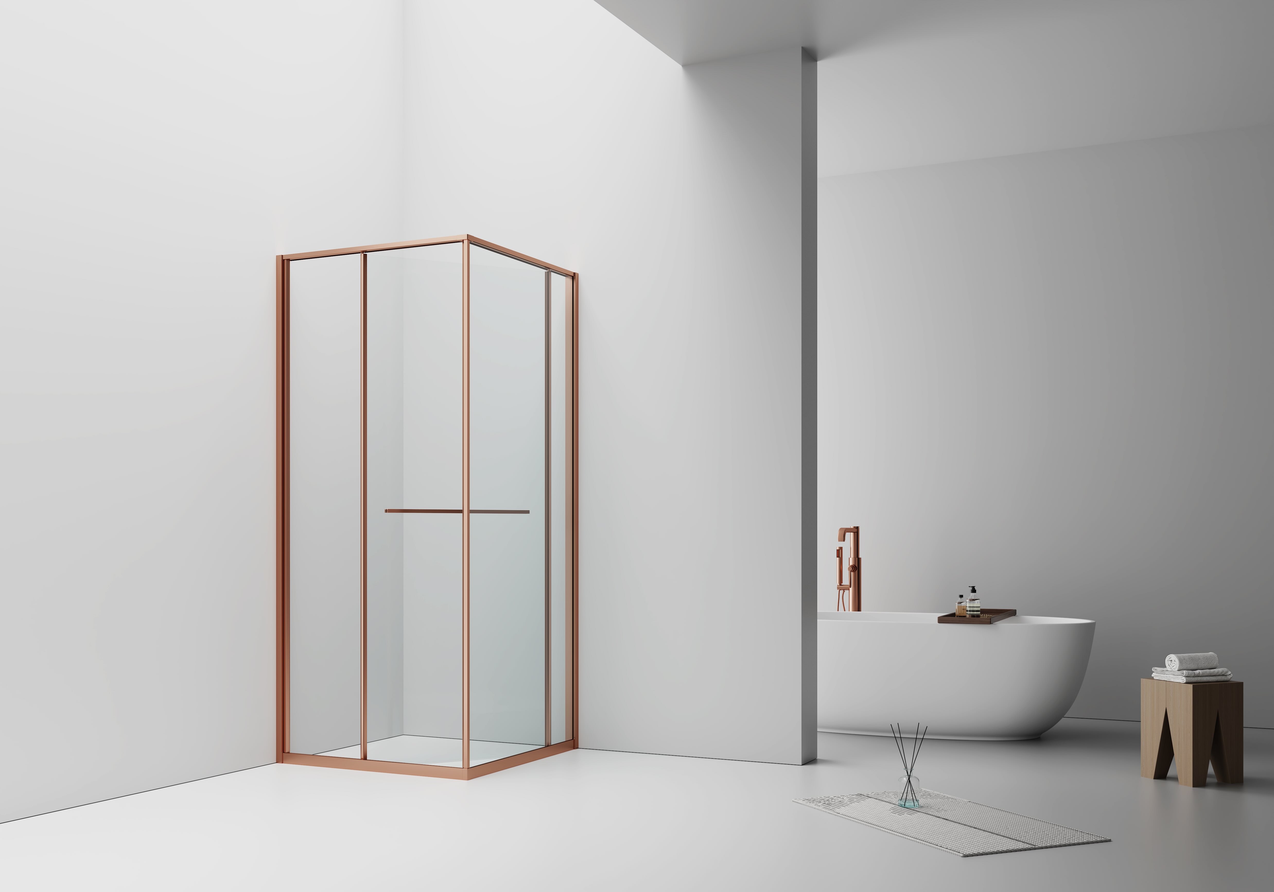 INSLIDE SHOWER ENCLOSURE - INWARD OPENING SLIDING DOOR AND SIDE PANEL - SPACE-SAVING - REVERSIBLE - 6MM SAFETY GLASS - 90X90X200 CM - BRUSHED COPPER - CLEAR GLASS