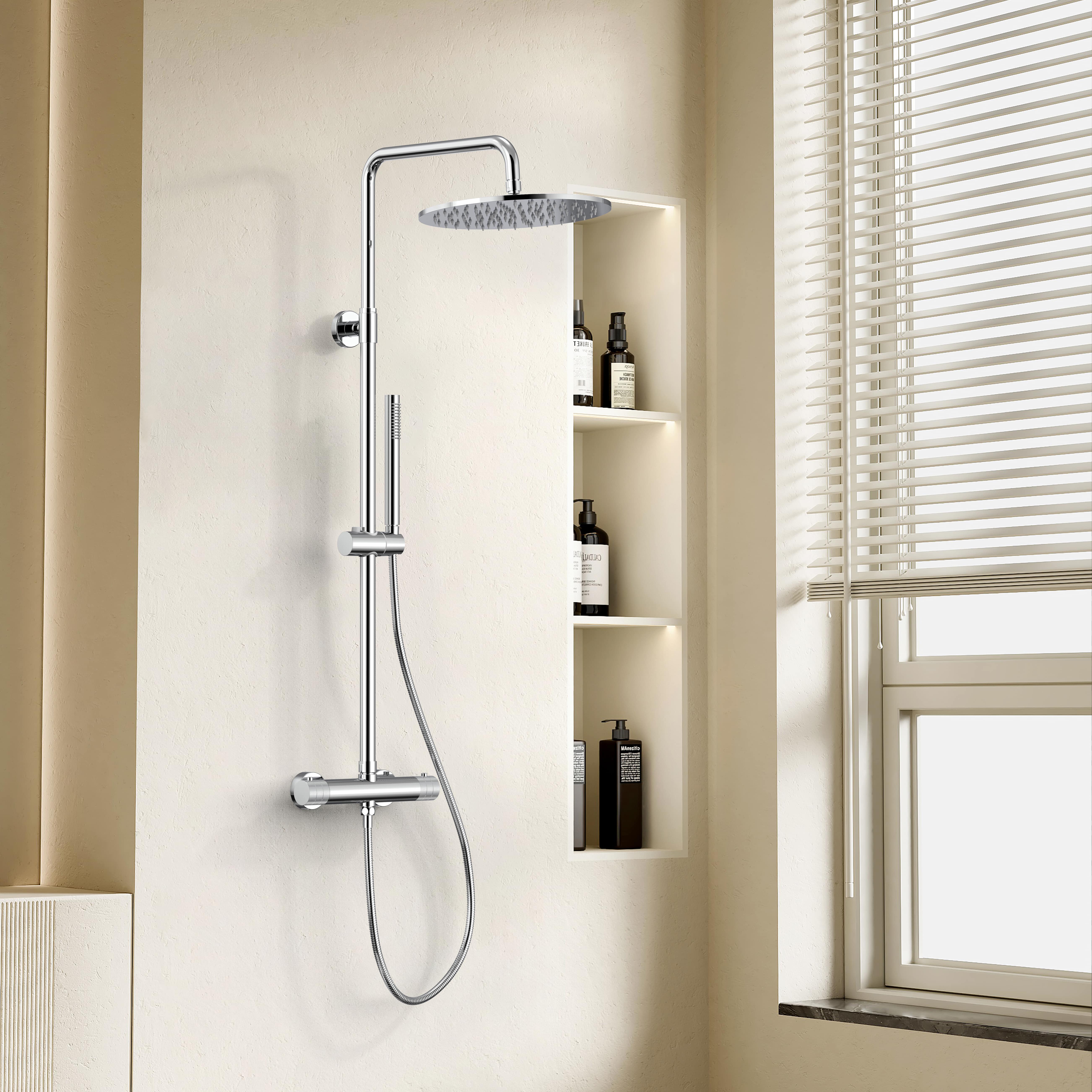 STRIA REGENDOUCHESET  - THERMOSTATISCH - COOL TOUCH - HOOFDDOUCHE 30 CM - OPBOUW - KNOPPEN MET VERFIJNDE RIBBELSTRUCTUUR -  BELGAQUA - CHROOM