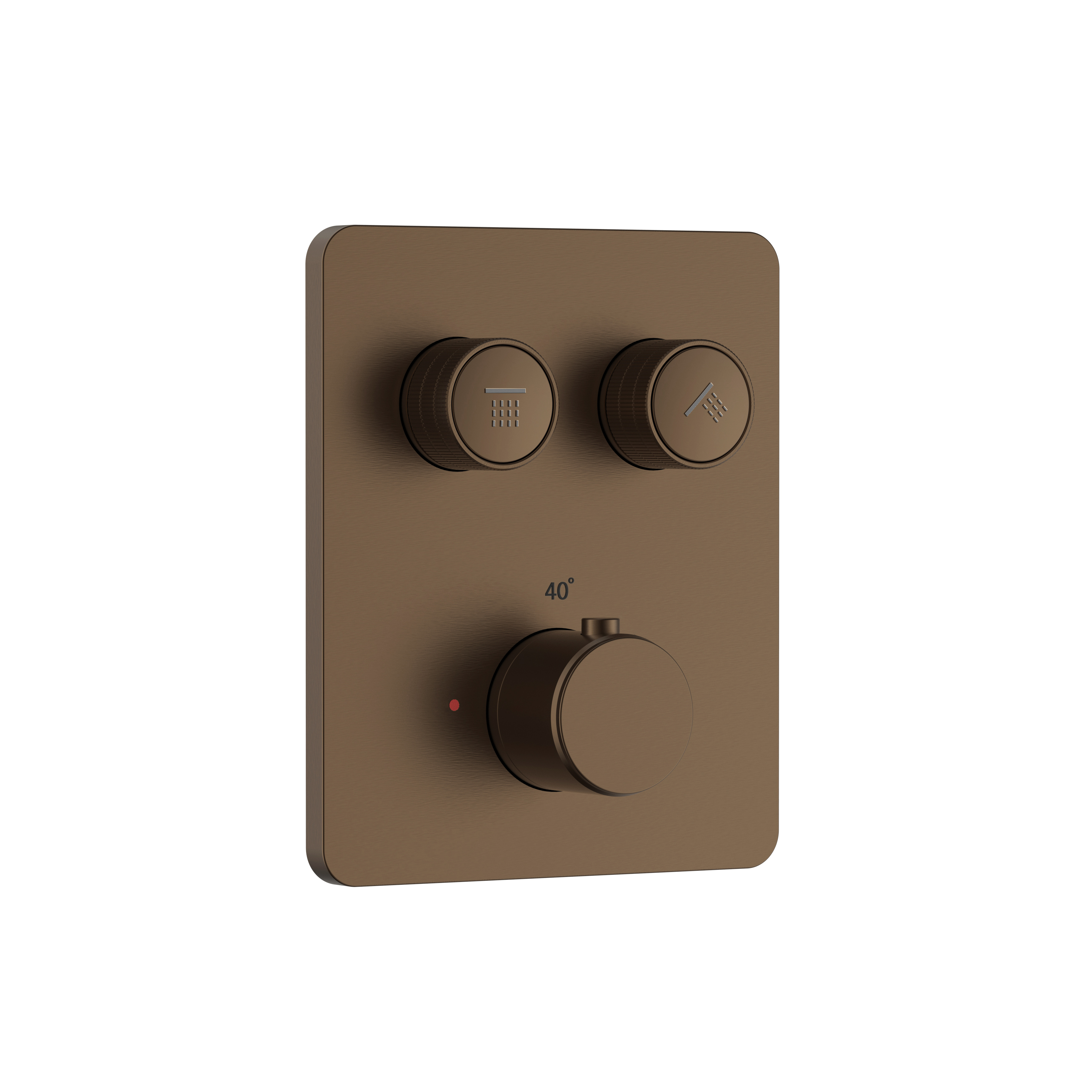 STRIA DOUCHEMENGKRAAN - 2 WEG - THERMOSTATISCH - DRUKNOPPEN MET VERFIJNDE RIBBELSTRUCTUUR - MET INBOUWBOX EN AFBOUWDEEL - RECHTHOEKIG - BELGAQUA - BRUIN BRONS (PVD)