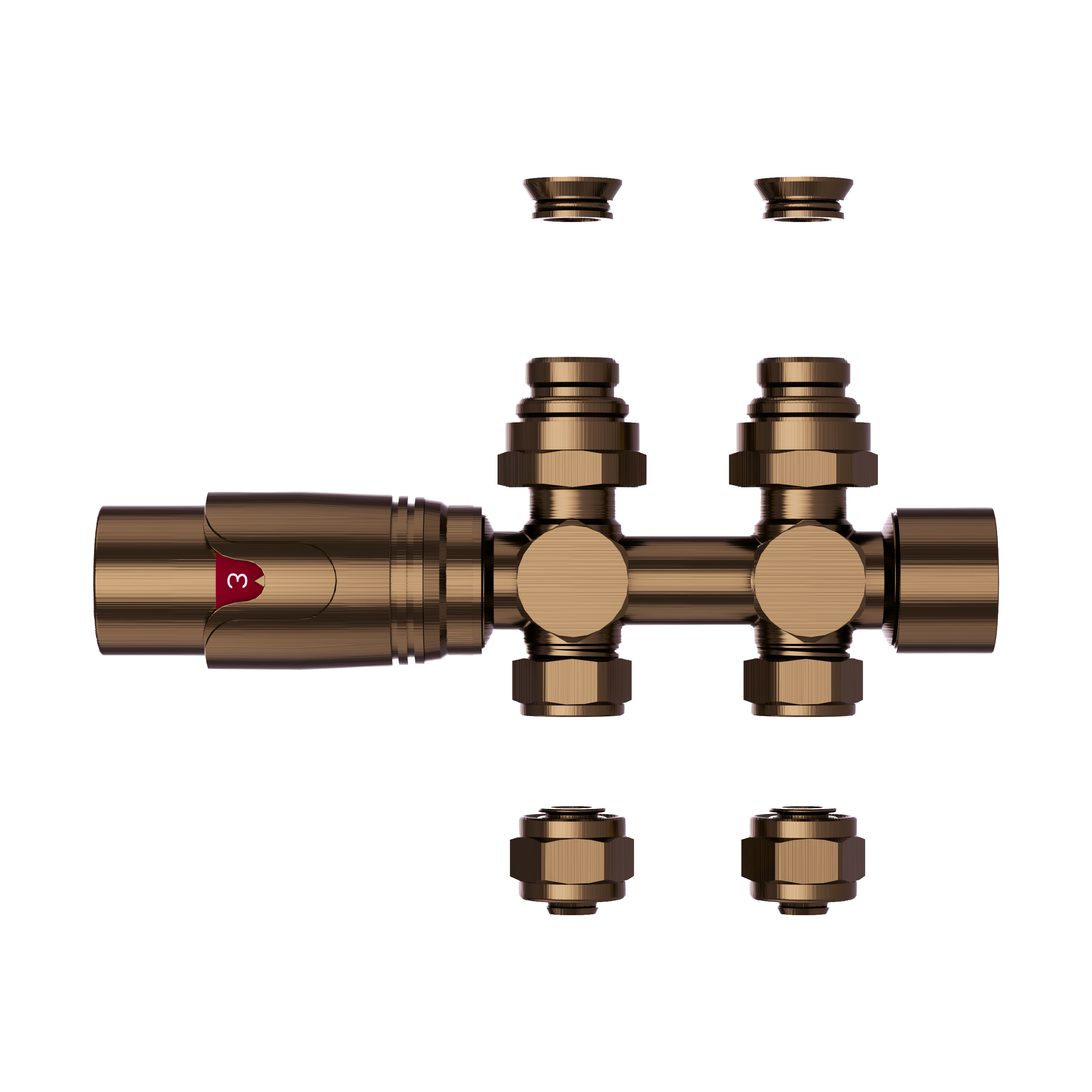 BELRAD RADIATORKRAAN - THERMOSTATISCH - MIDDENAANSLUITING - MUUR-EN VLOERAANSLUITING - GEBORSTELD BRUIN BRONS