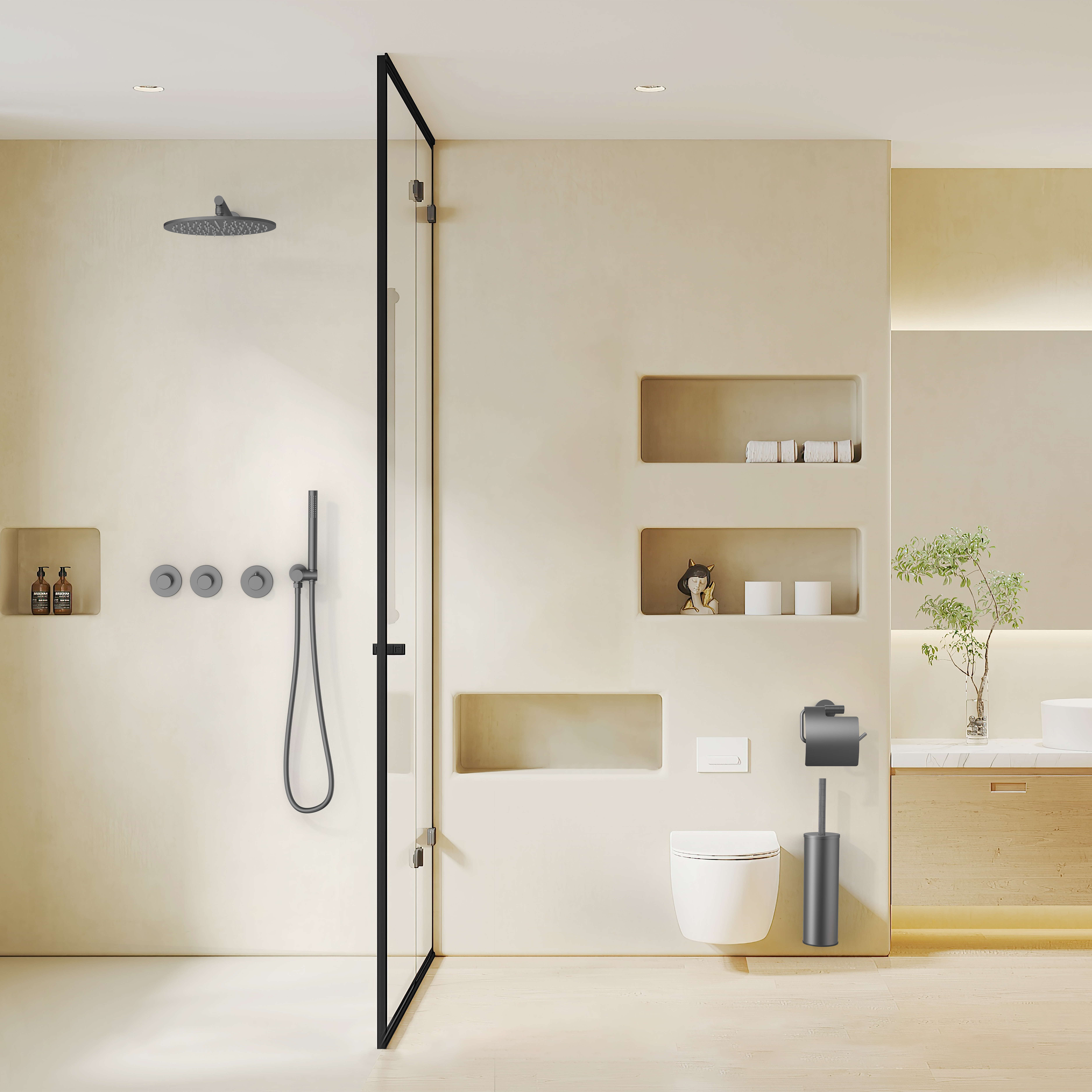 STRIA DOUCHEMENGKRAAN - 2 WEG -  THERMOSTATISCH - DRUKNOPPEN MET VERFIJNDE RIBBELSTRUCTUUR - MET INBOUWBOX EN AFBOUWDEEL - RECHTHOEKIG - BELGAQUA - GUNMETAL (PVD)