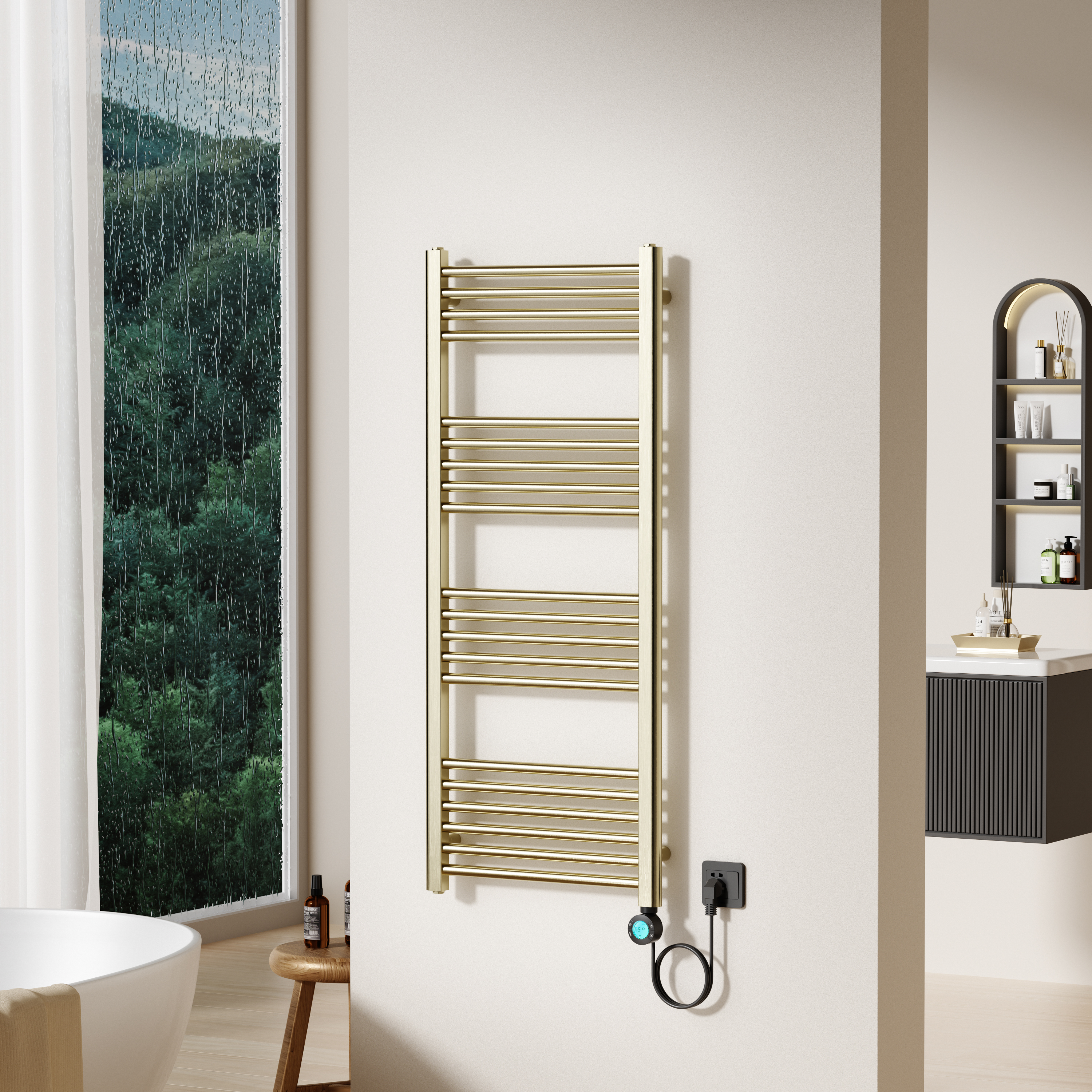BELRAD SÈCHE-SERVIETTES ÉLECTRIQUE – AVEC THERMOSTAT NUMÉRIQUE PROGRAMMABLE – SMART WIFI - RACCORD À DROITE – 700W – 1200X500 MM – OR BROSSÉ