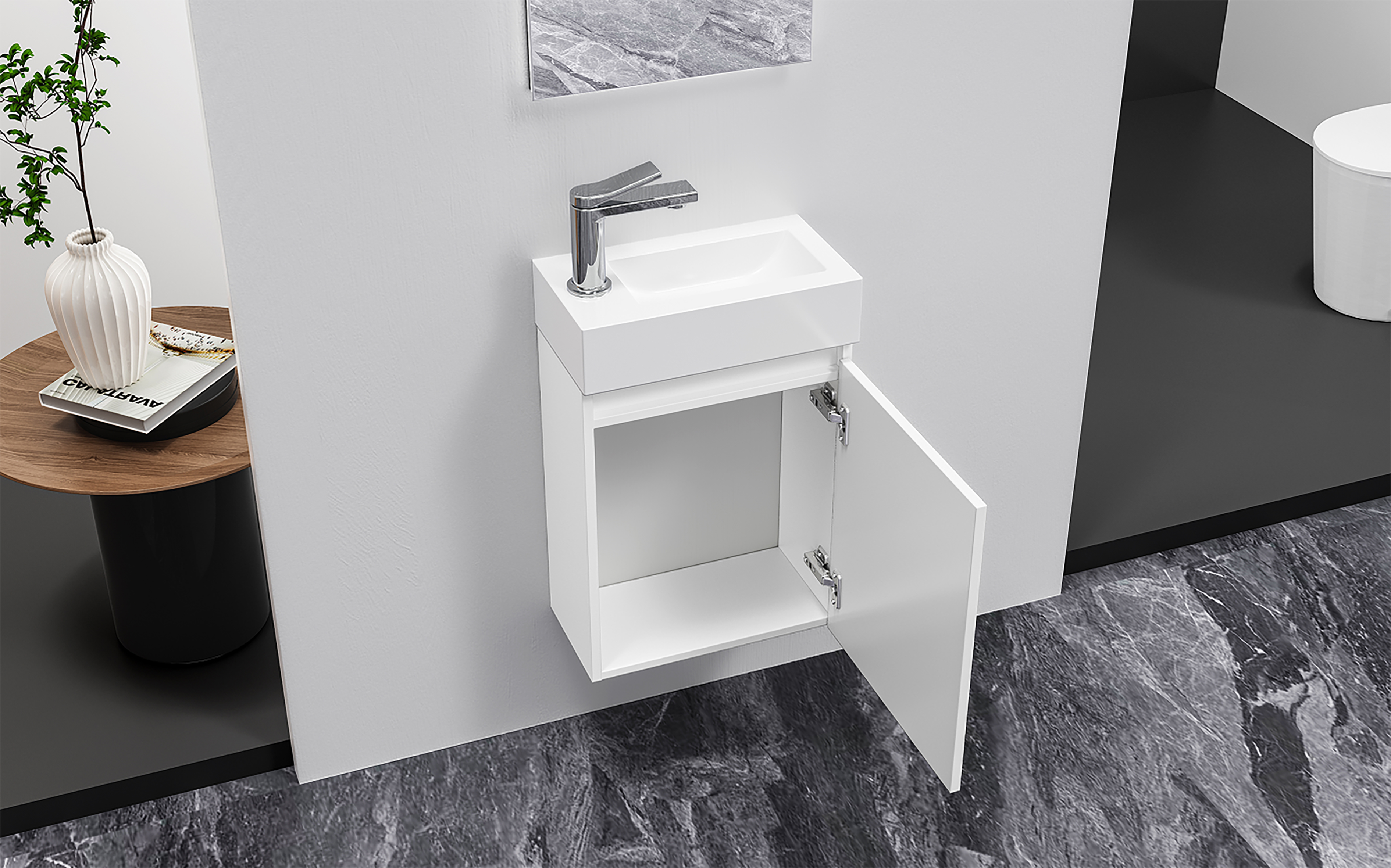 ALONI ZYRO TOILET FURNITURE SET - COMPLETE - CABINET WITH 1 DOOR - HANDLELESS - SOFT CLOSE - REVERSIBLE - MIRROR - TOILET BASIN - 40,5X22,5 CM - GLOSSY WHITE