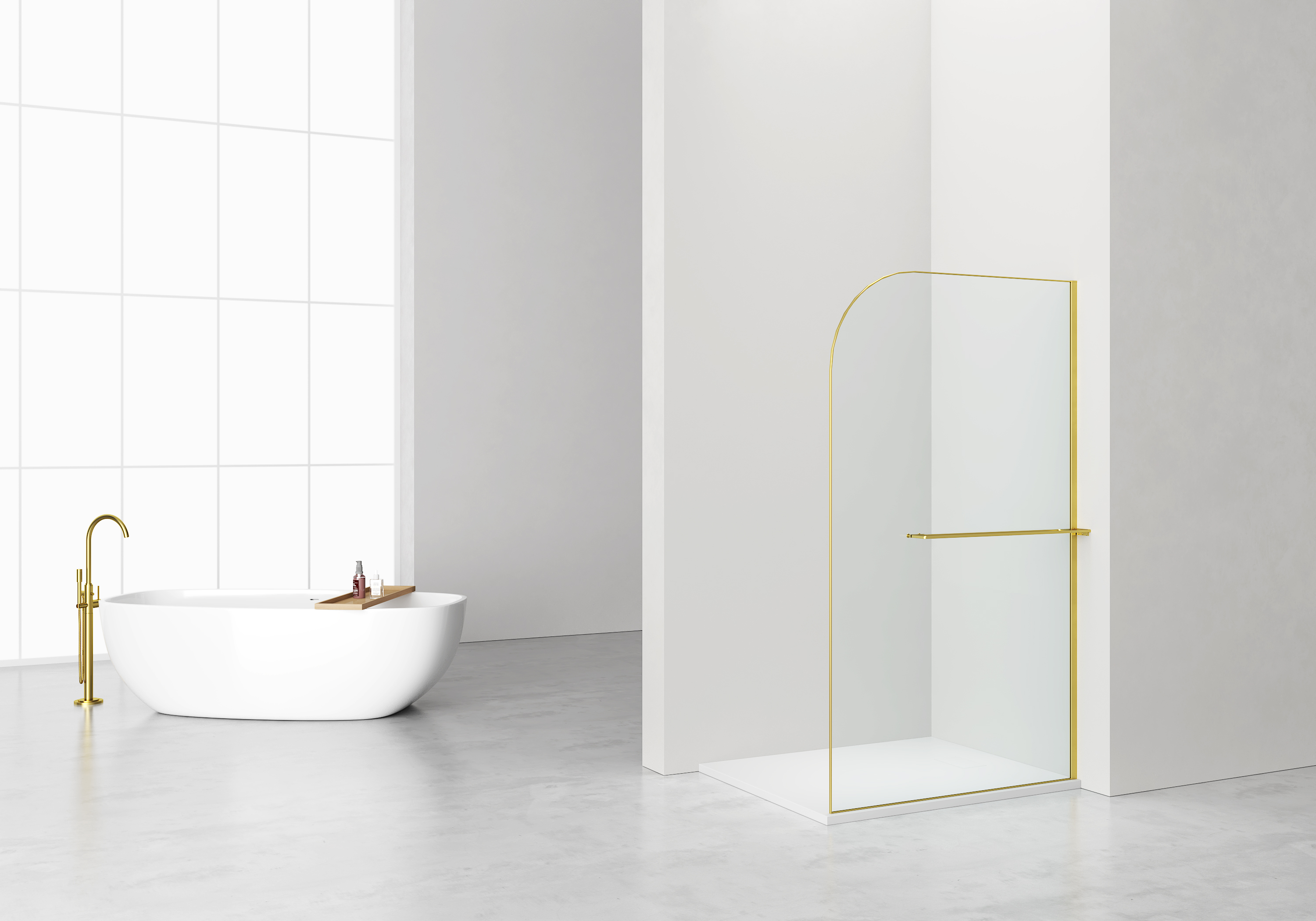 CURVY INLOOPDOUCHE MET HANDDOEKHOUDER - GEBOGEN - MET ANTI-KALKBEHANDELING - OMKEERBAAR - 8MM VEILIGHEIDSGLAS - 120X200CM - GEBORSTELD GOUD - HELDER GLAS