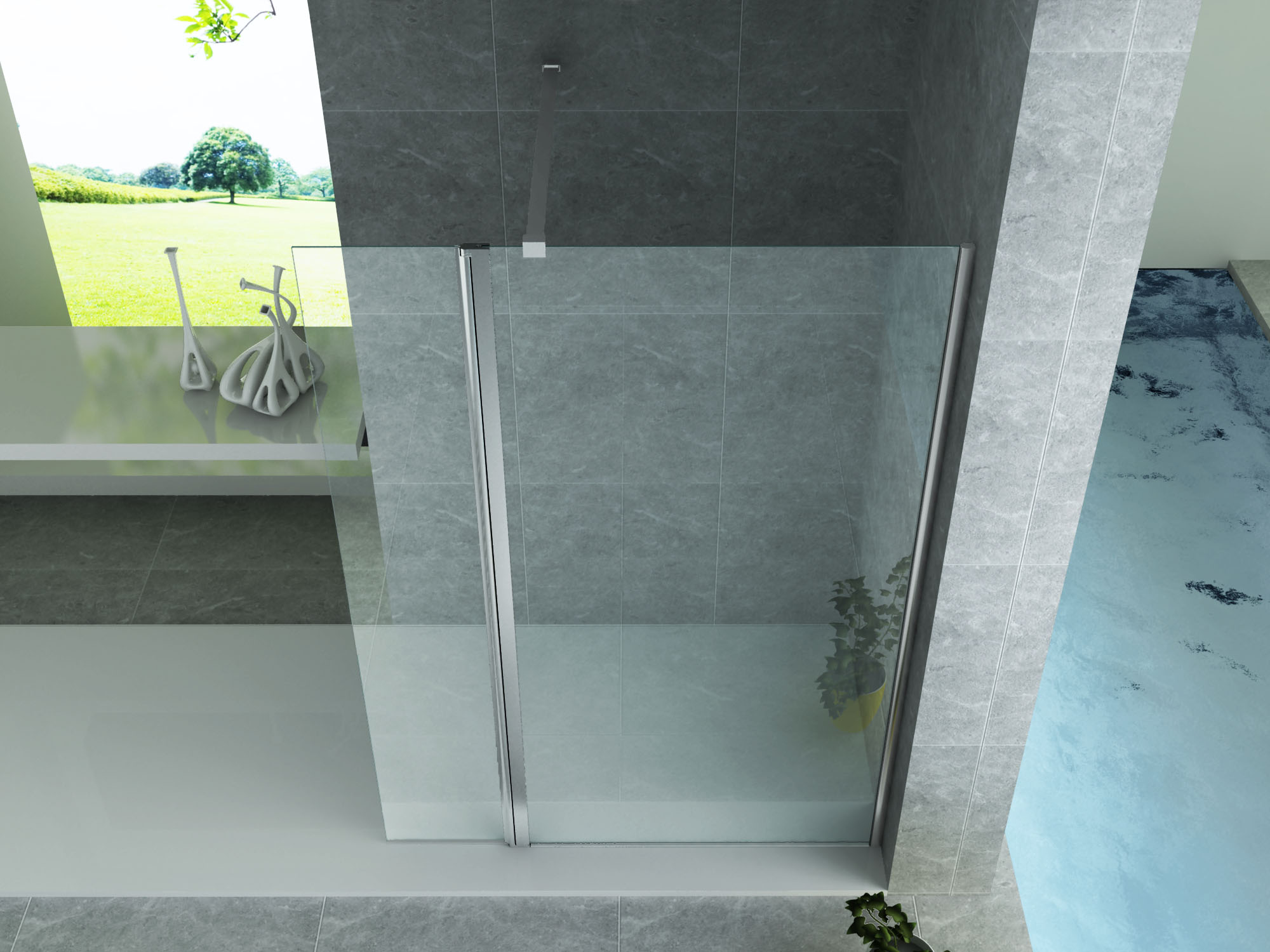 ALONI SIDE PANEL WITH CONNECTION PROFILE FOR WALK-IN SHOWER - PIVOTING - 300 X 2000MM - CHROME - CLEAR GLASS