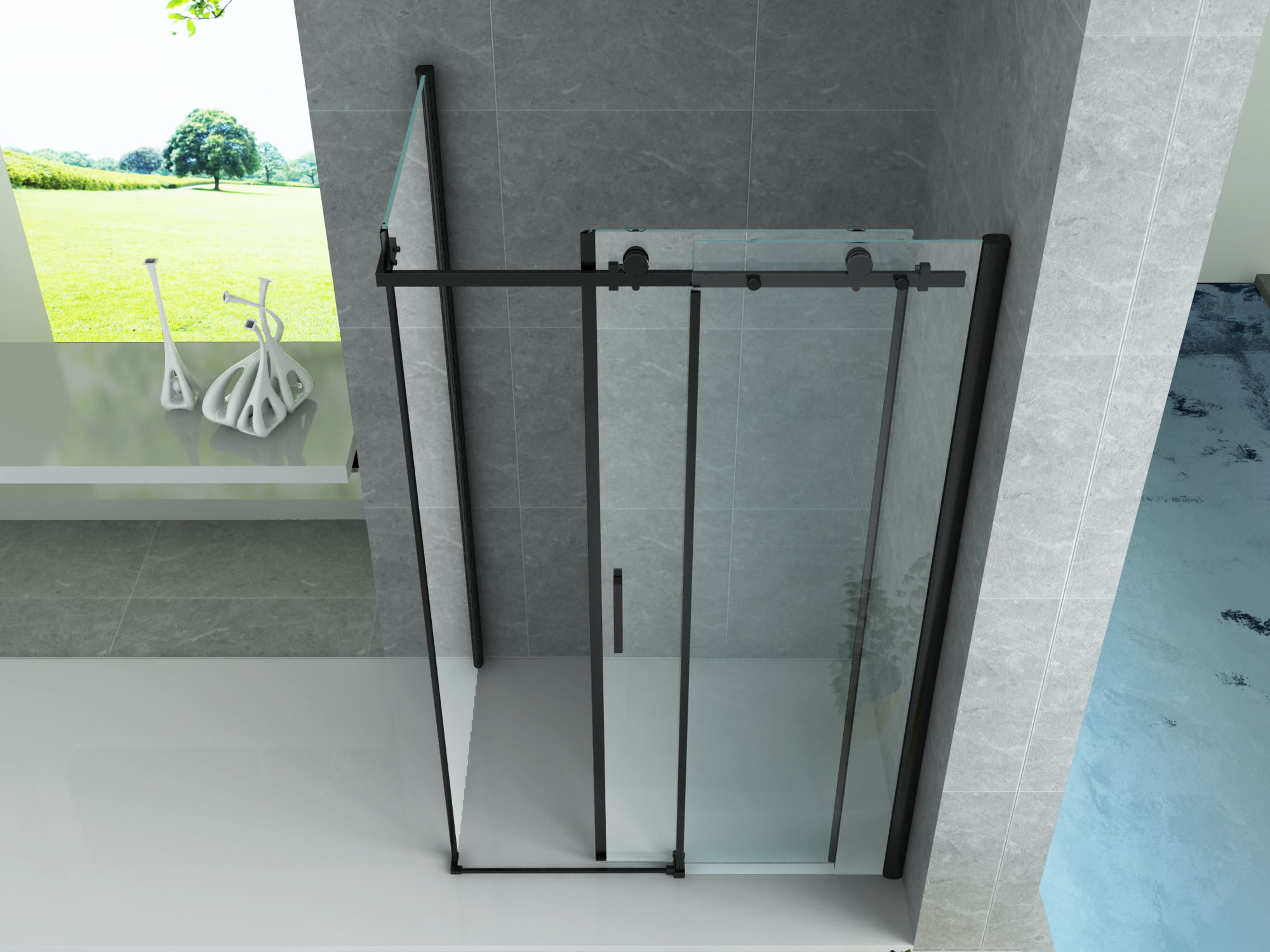 ALONI SHOWER ENCLOSURE - SLIDING DOOR AND SIDE PANEL - 900 X 1400 X 1950MM - MATT BLACK - CLEAR GLASS