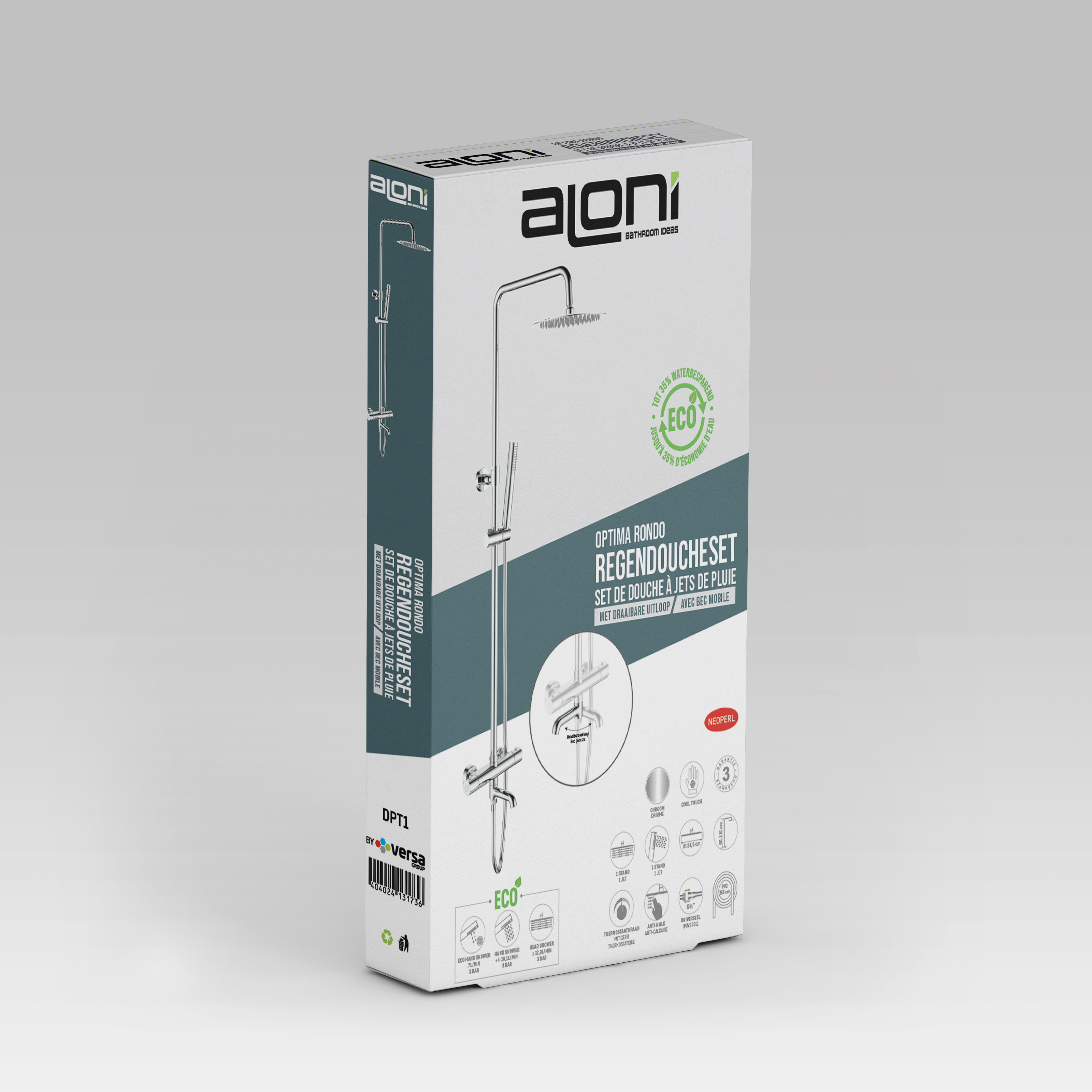 ALONI OPTIMA RONDO REGENDOUCHESET MET DRAAIBARE UITLOOP - THERMOSTATISCH - OPBOUW - COOL TOUCH - CHROOM