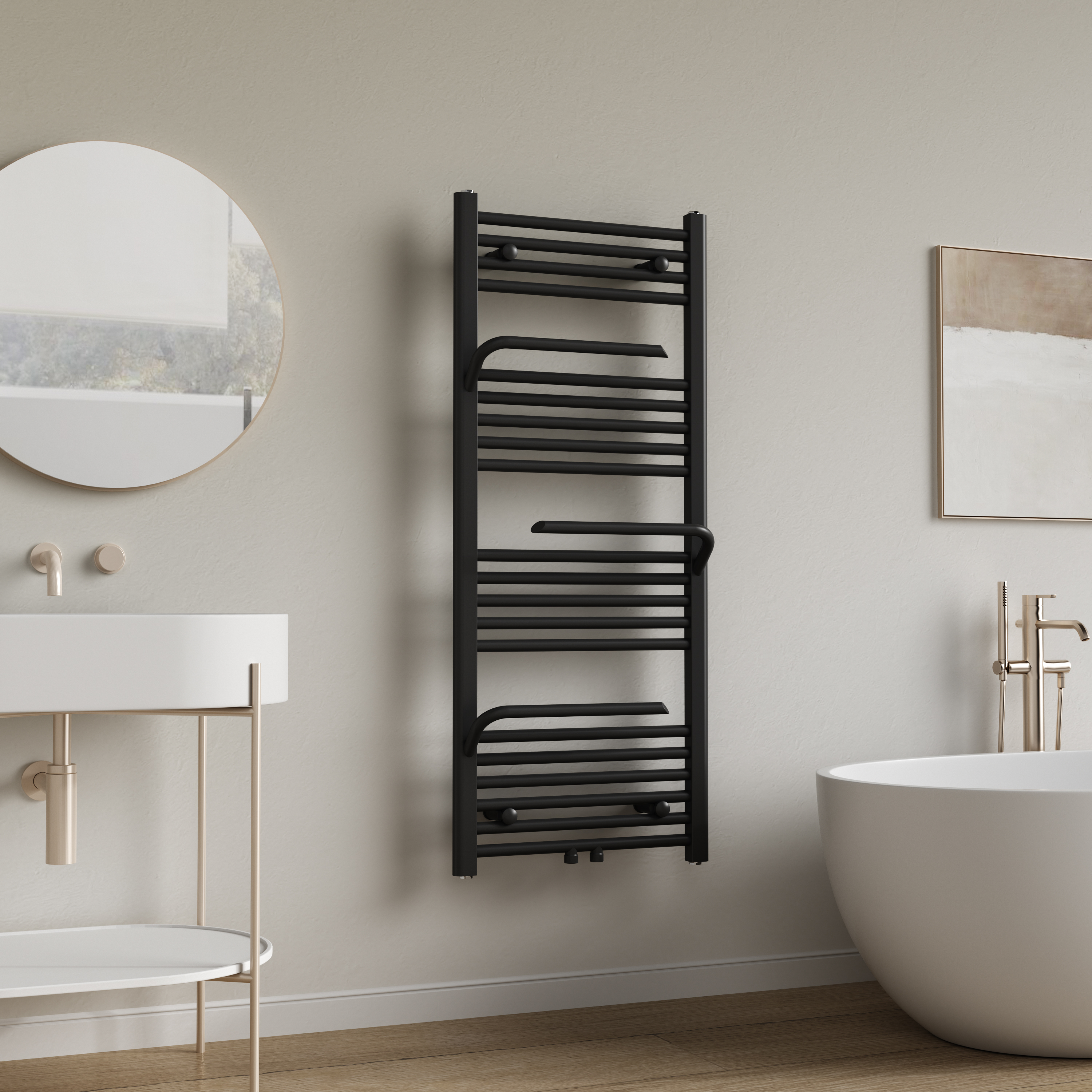 BELRAD HANDDOEKRADIATOR - MET HANDDOEKHOUDER - LINKS-RECHTS/MIDDENAANSLUITING - 489 WATT - 1200X500CM - MAT ZWART