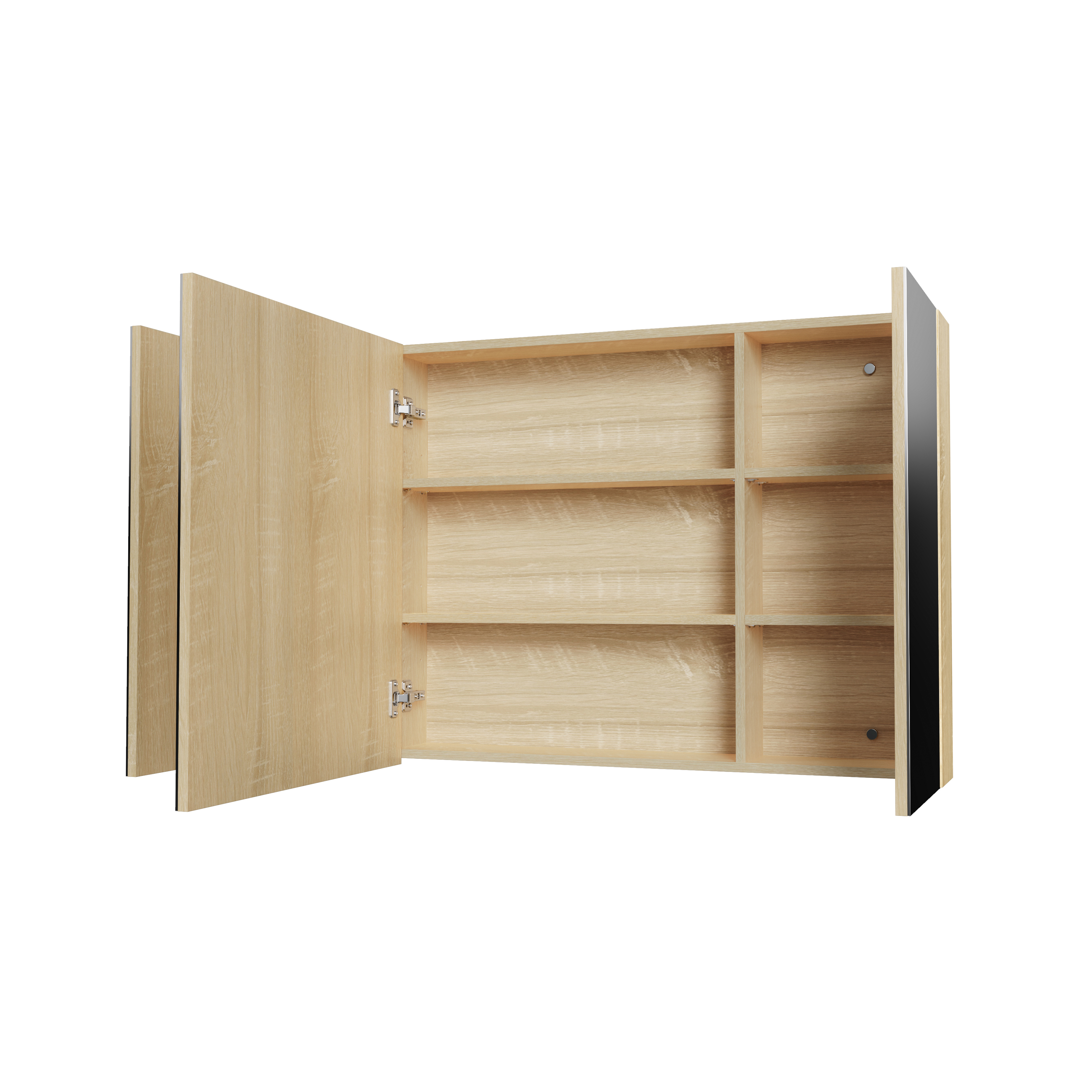 HAYAT MIRROR CABINET – 3 ASYMMETRICAL, SINGLE-SIDED MIRROR DOORS – 6 HEIGHT-ADJUSTABLE SHELVES – 120X70X15 CM – OAK