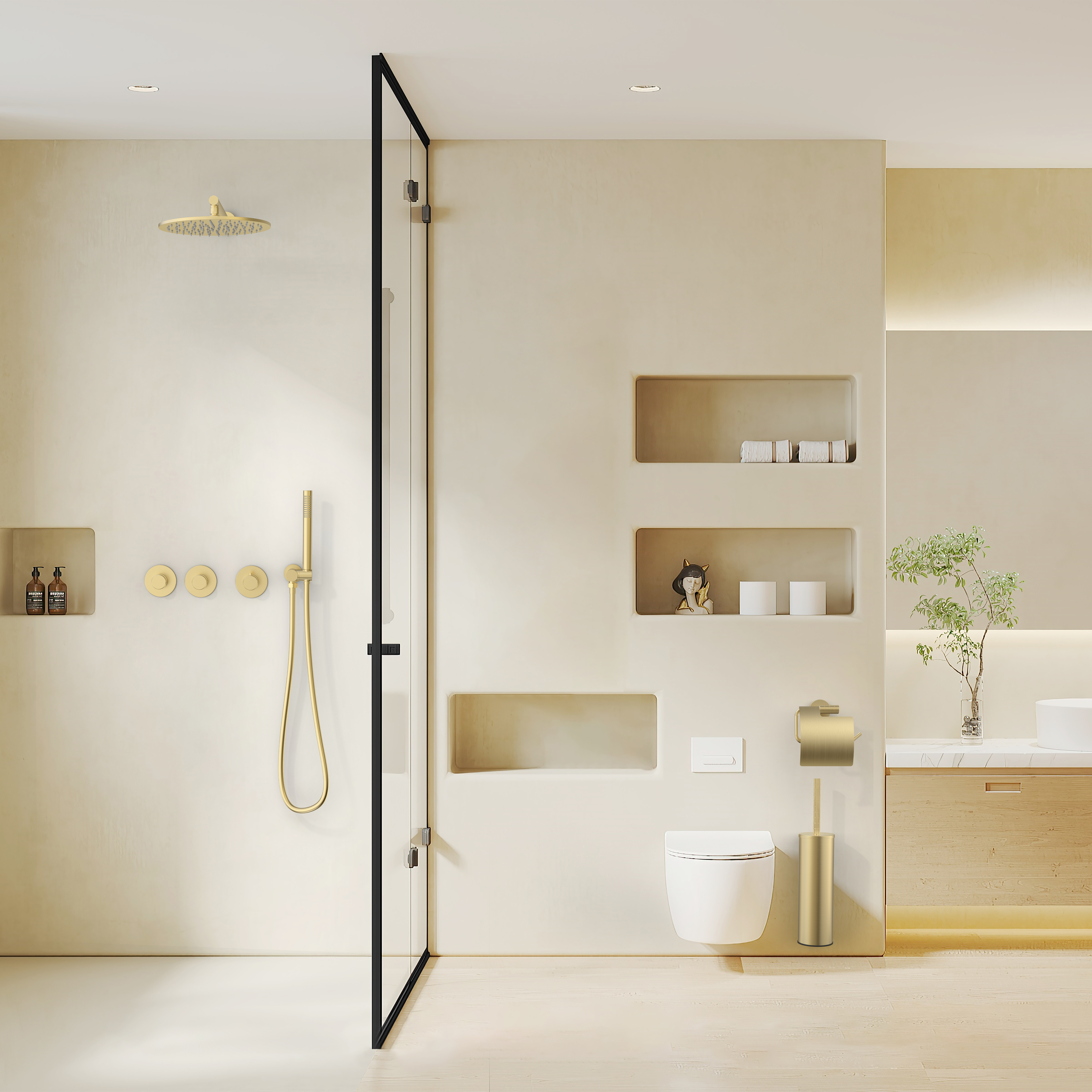STRIA TRIM SET FOR SHOWER MIXER – 2-WAY WITH 2 STOP VALVES – THERMOSTATIC – BUILT-IN – ROUND – REFINED RIBBED HANDLES – BRUSHED GOLD