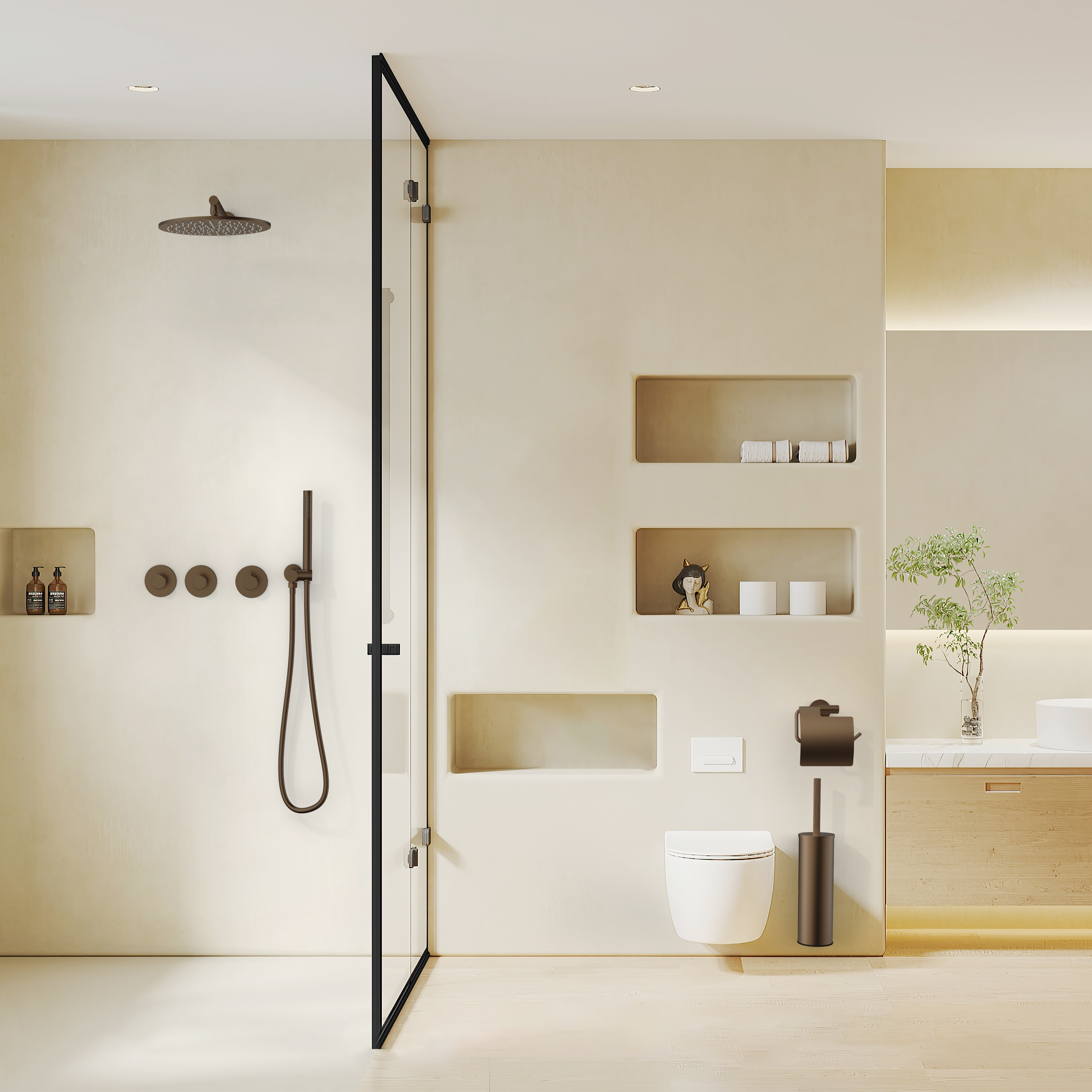 STRIA ÉLÉMENT DE FINITION POUR MITIGEUR DE DOUCHE – 2 VOIES AVEC 2 ROBINETS D’ARRÊT – THERMOSTATIQUE – ENCASTRÉ – RONDE – BOUTONS S AVEC STRUCTURE STRIÉE RAFFINÉE – BRUN BRONZÉ (PVD)