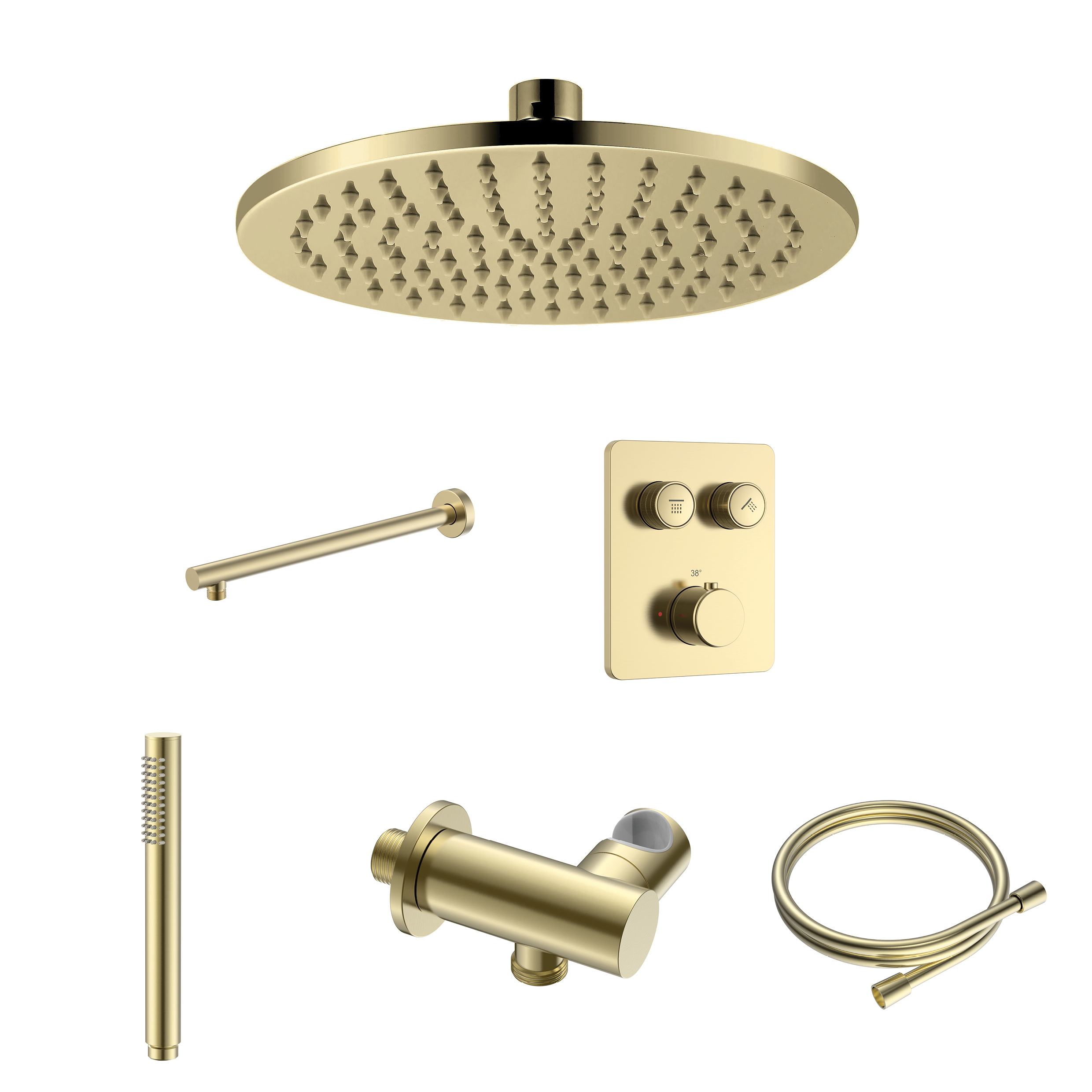 STRIA REGENDOUCHESET - INBOUW - 2 WEG - THERMOSTATISCH - MET DRUKKNOPPEN - COMPLEET - GEBORSTELD GOUD (PVD)
