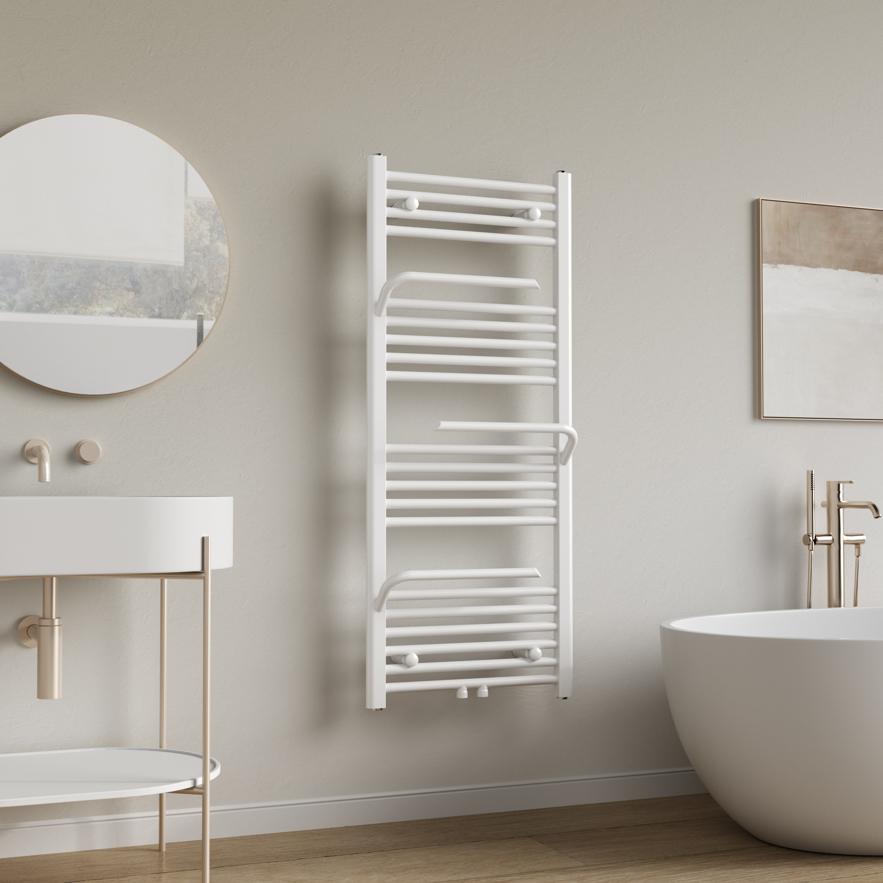 BELRAD TOWEL RADIATOR - WITH TOWEL HOLDER - LEFT-RIGHT/CENTER CONNECTION - 498 WATT - 1200X500CM - GLOSSY WHITE