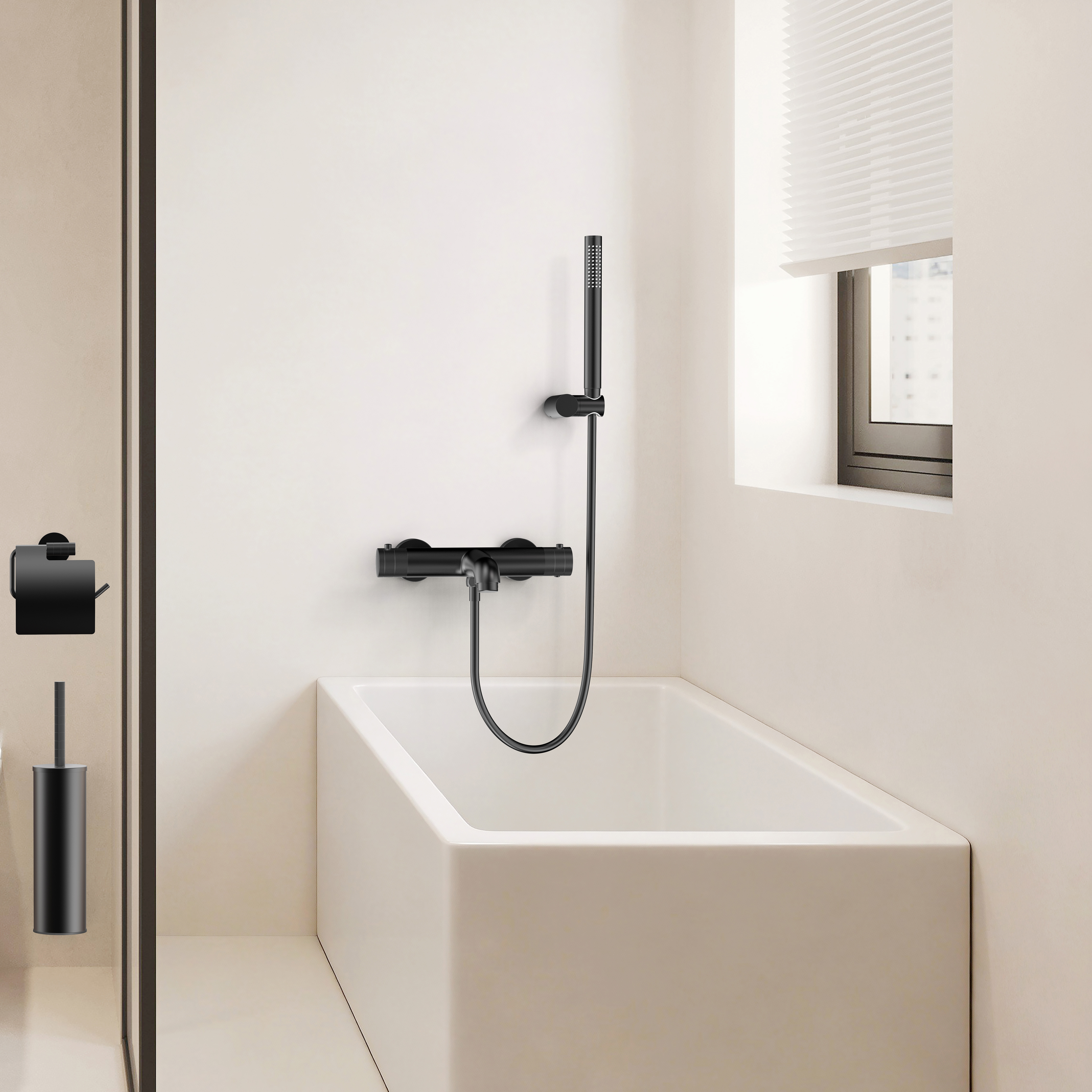 STRIA BADMENGKRAAN - THERMOSTATISCH - OPBOUW - KNOPPEN MET RIBBELSTRUCTUUR - BELGAQUA - MAT ZWART (PVD)