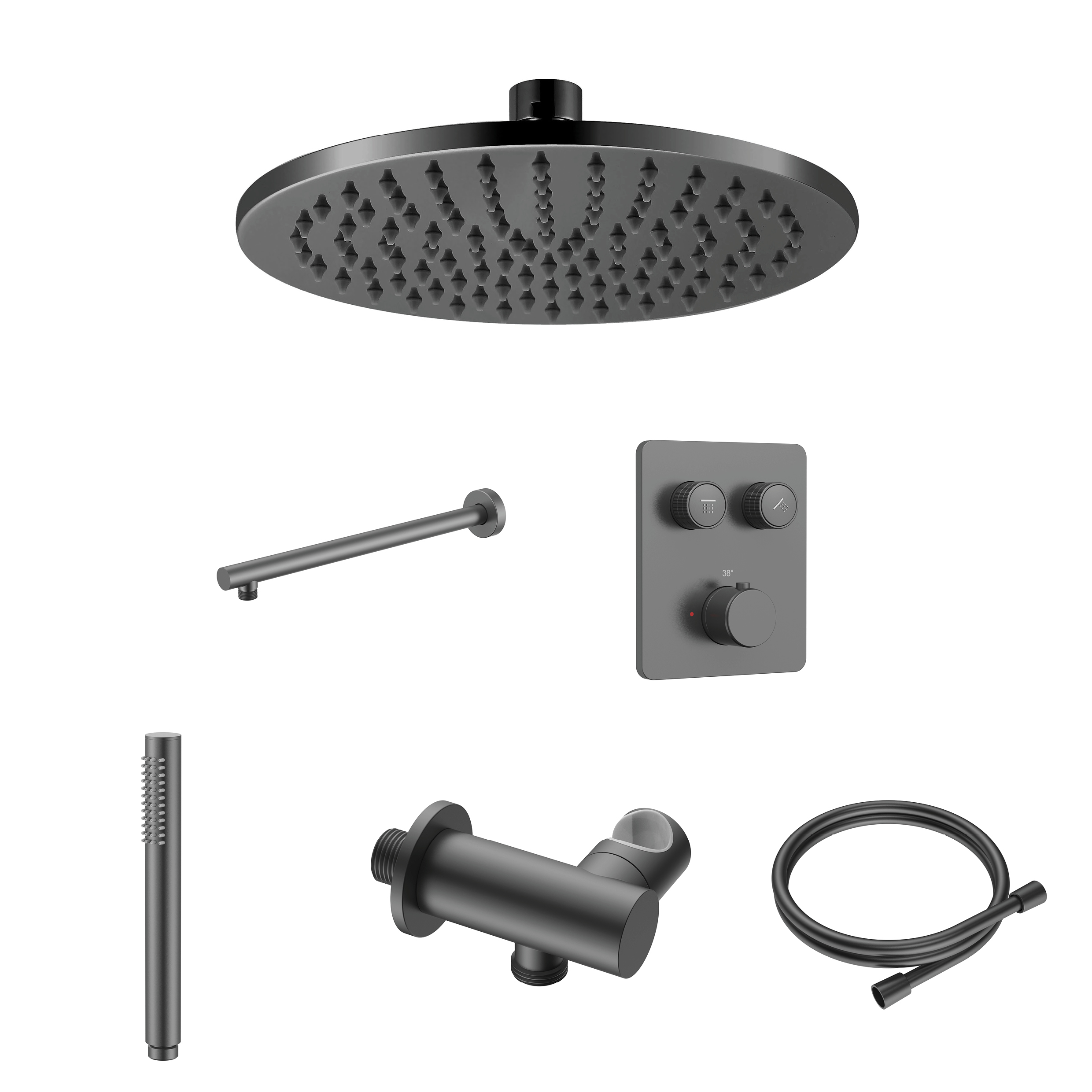 STRIA REGENDOUCHESET - INBOUW - 2 WEG - THERMOSTATISCH - MET DRUKKNOPPEN - COMPLEET - GUNMETAL (PVD)