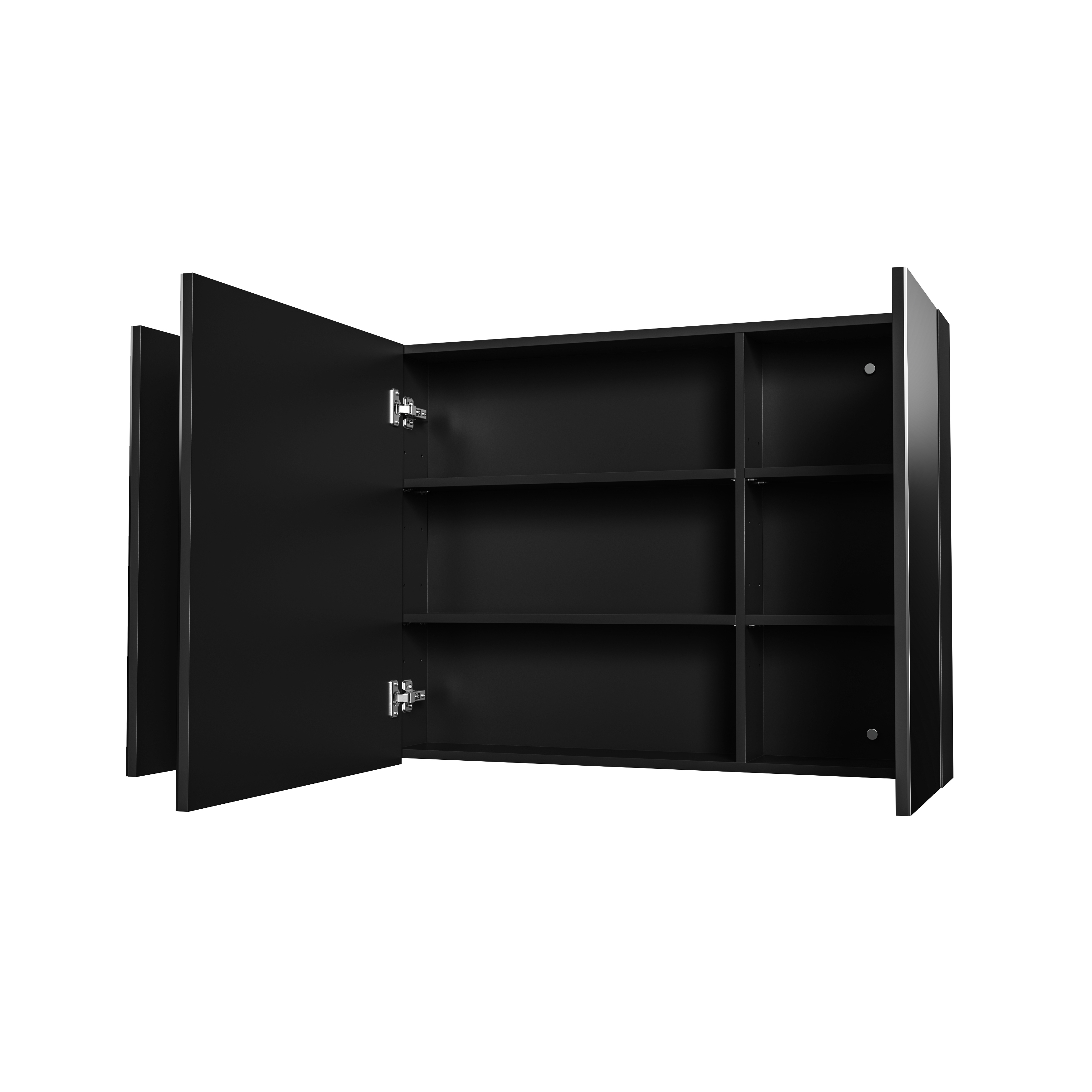 HAYAT MIRROR CABINET – 3 ASYMMETRICAL, SINGLE-SIDED MIRROR DOORS – 6 HEIGHT-ADJUSTABLE SHELVES – 120X70X15 CM – MATT BLACK