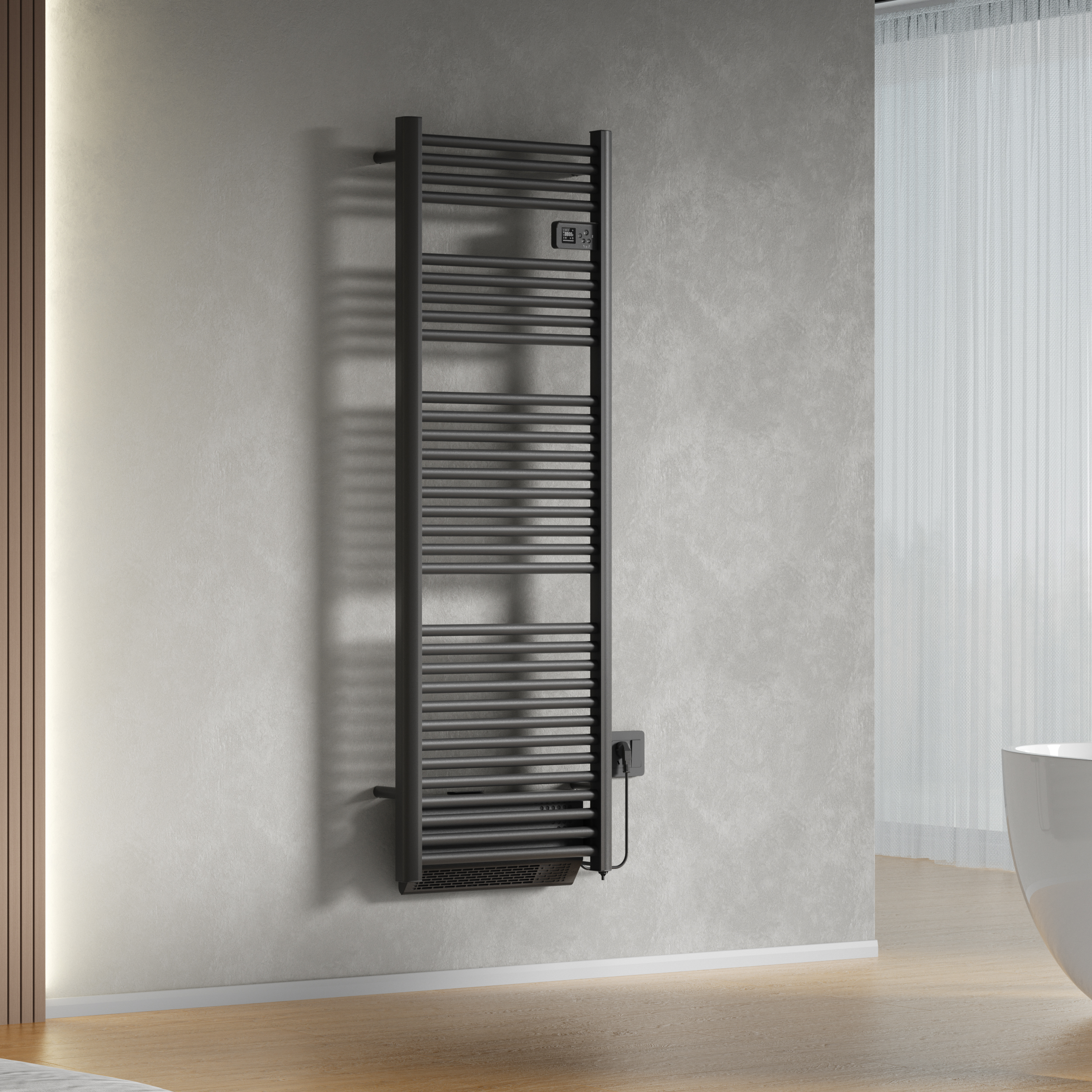 BELRAD ELEKTRISCHE HANDDOEKDROGER MET BLOWER - MET DIGITALE PROGRAMEERBARE THERMOSTAAT - SMART WIFI - 1850W - 1640X540X133 MM - MAT ZWART