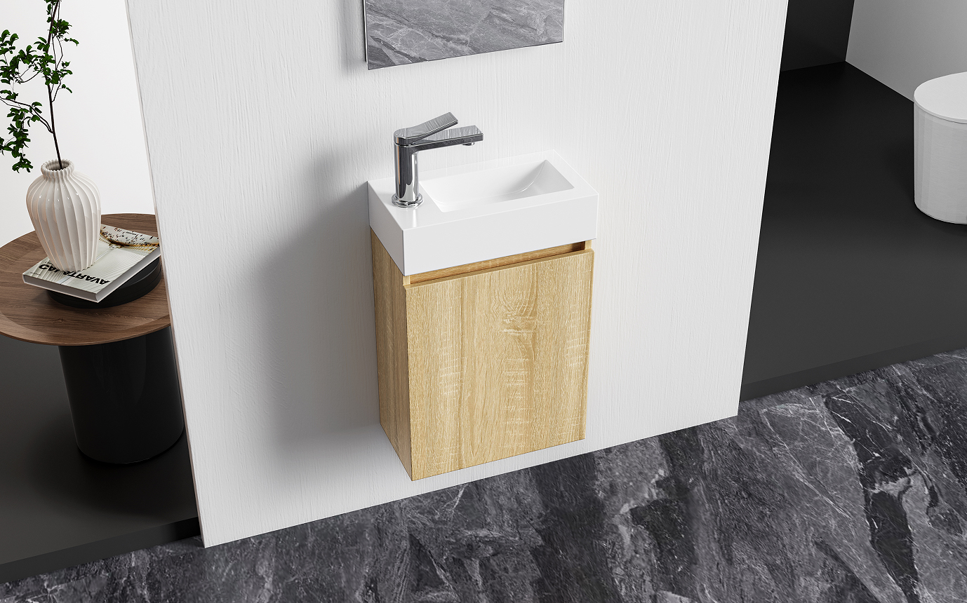 ALONI ZYRO TOILET FURNITURE SET - COMPLETE - CABINET WITH 1 DOOR - HANDLELESS - SOFT CLOSE - REVERSIBLE - MIRROR - TOILET BASIN - 40,5X22,5 CM - LIGHT OAK/GLOSSY WHITE